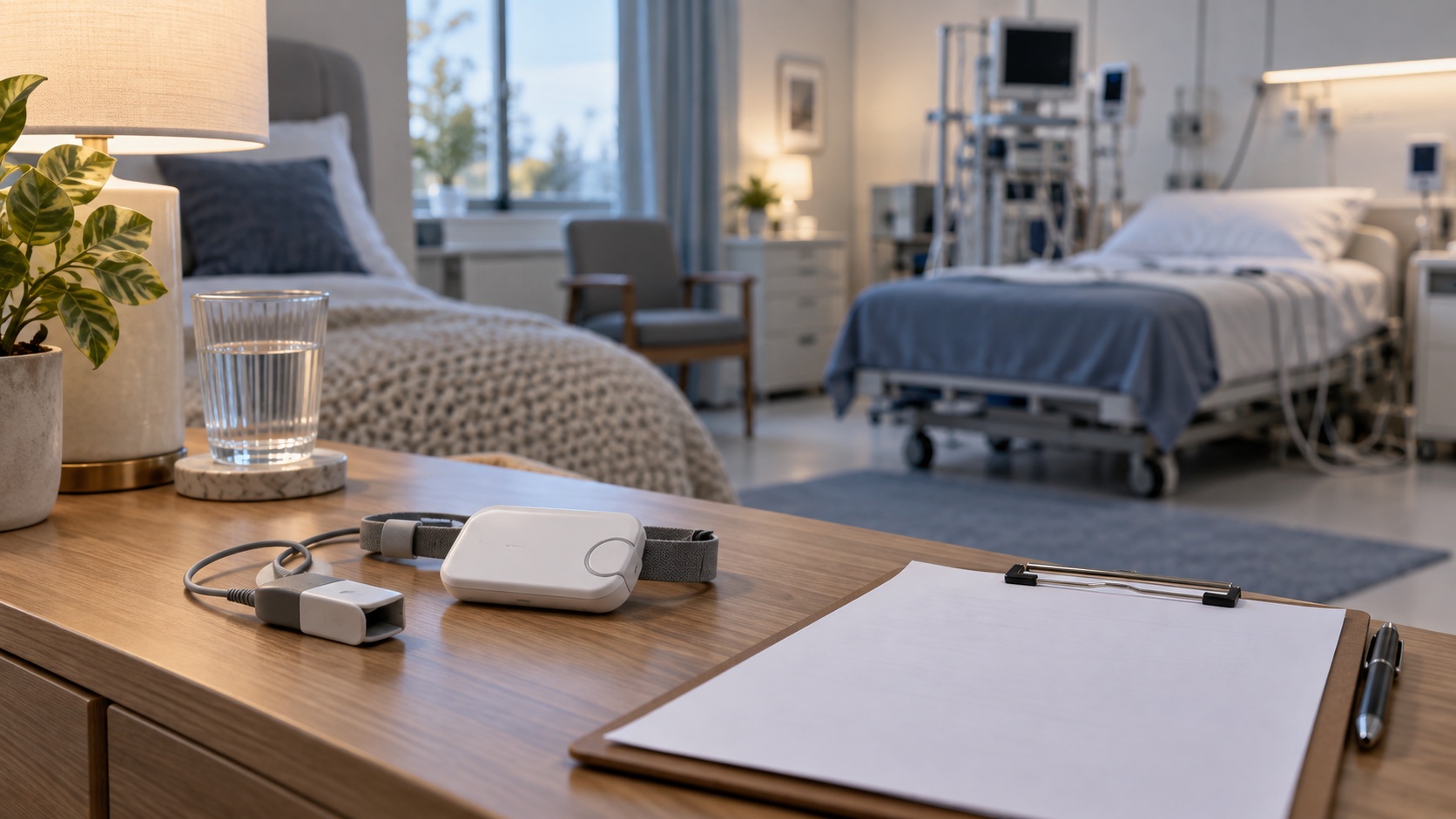 Unbranded sleep sensor and blank clipboard beside a sleep-lab bed.