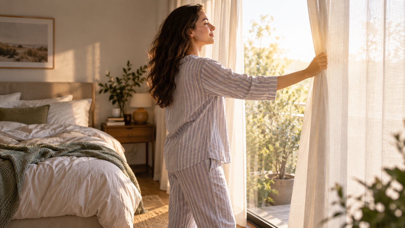 Adult opening curtains in the morning.