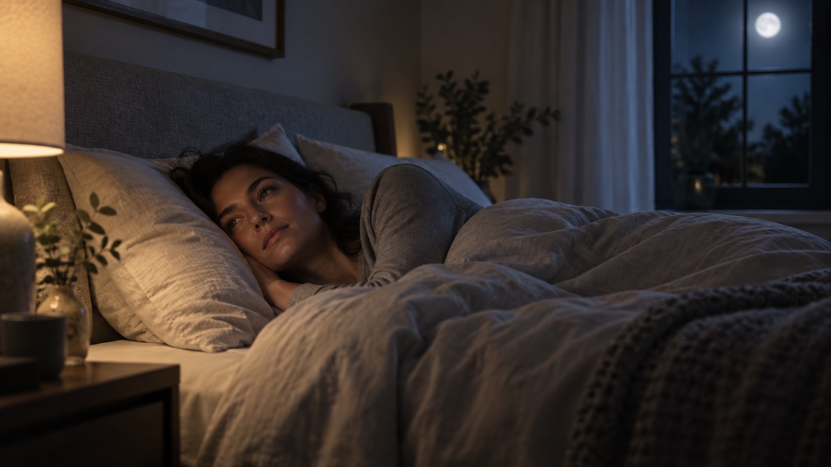 Adult lying awake in a dim bedroom.