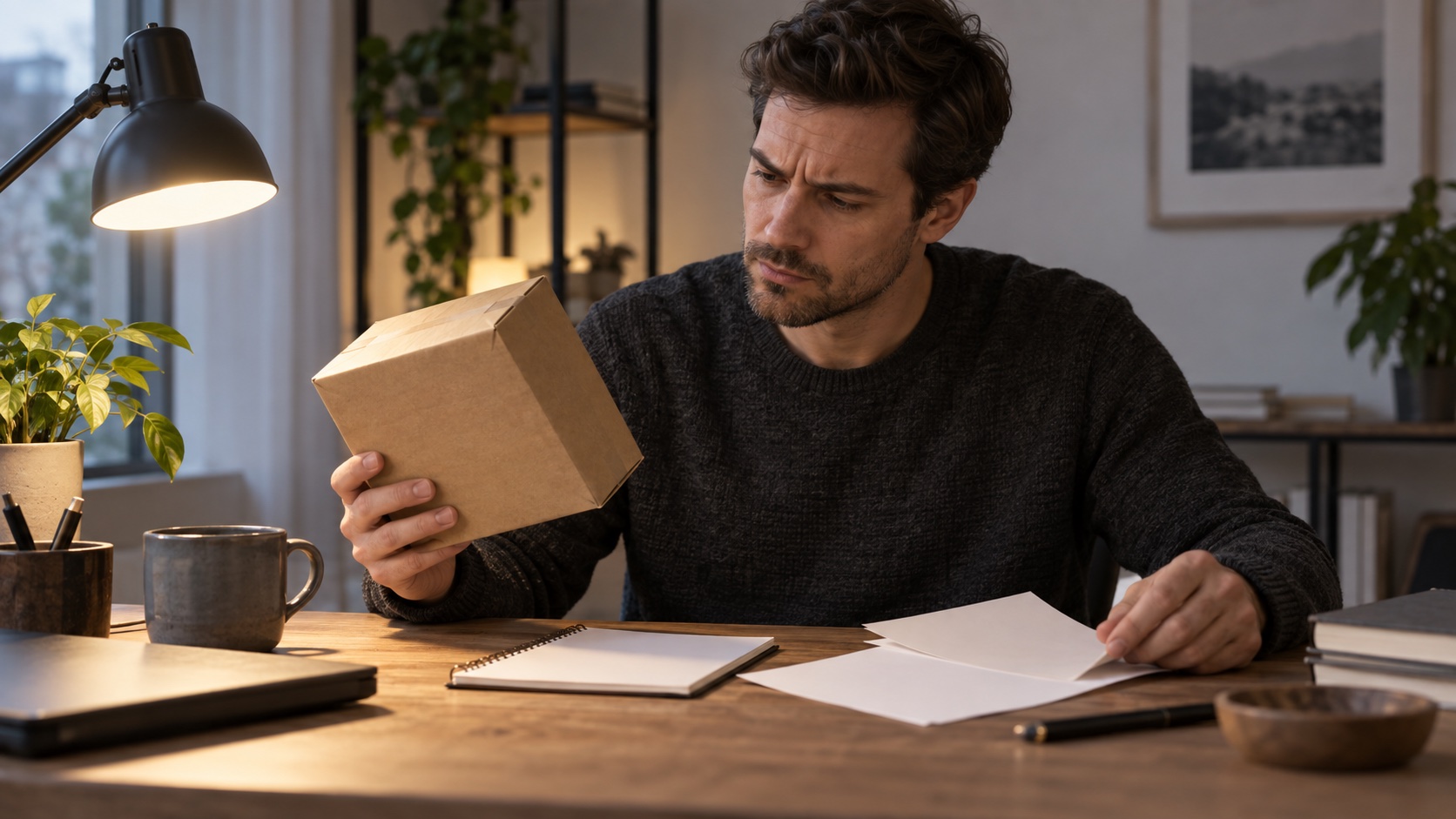 Adult comparing a plain package with blank notes.