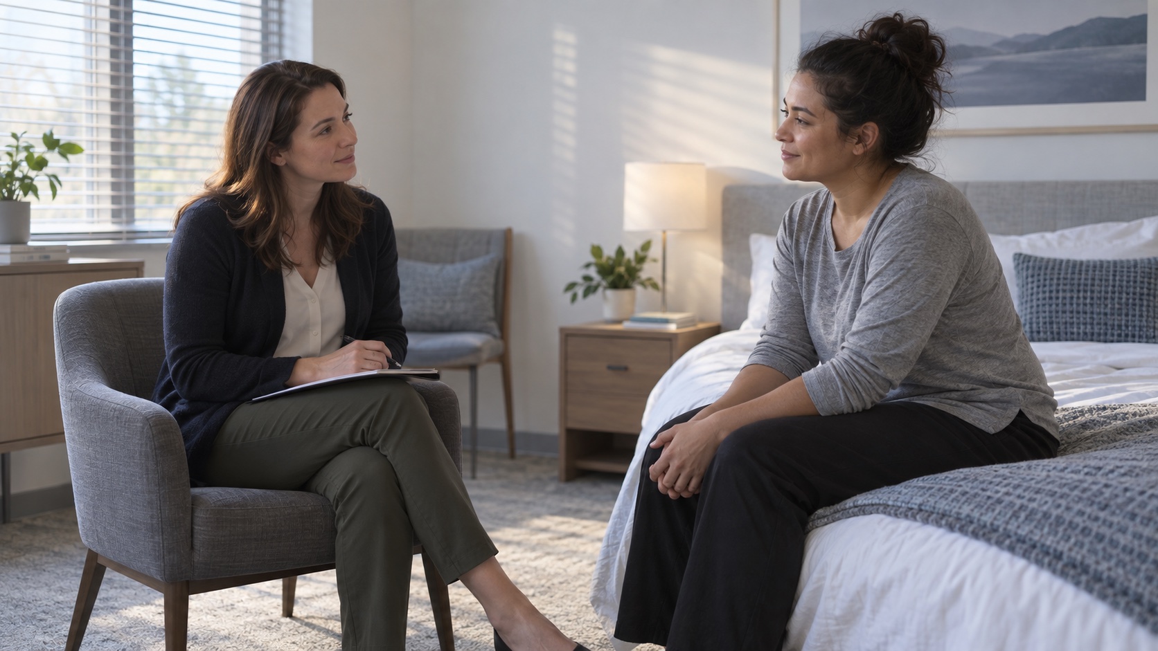 Sleep researcher speaking with an adult participant in a sleep-lab room.