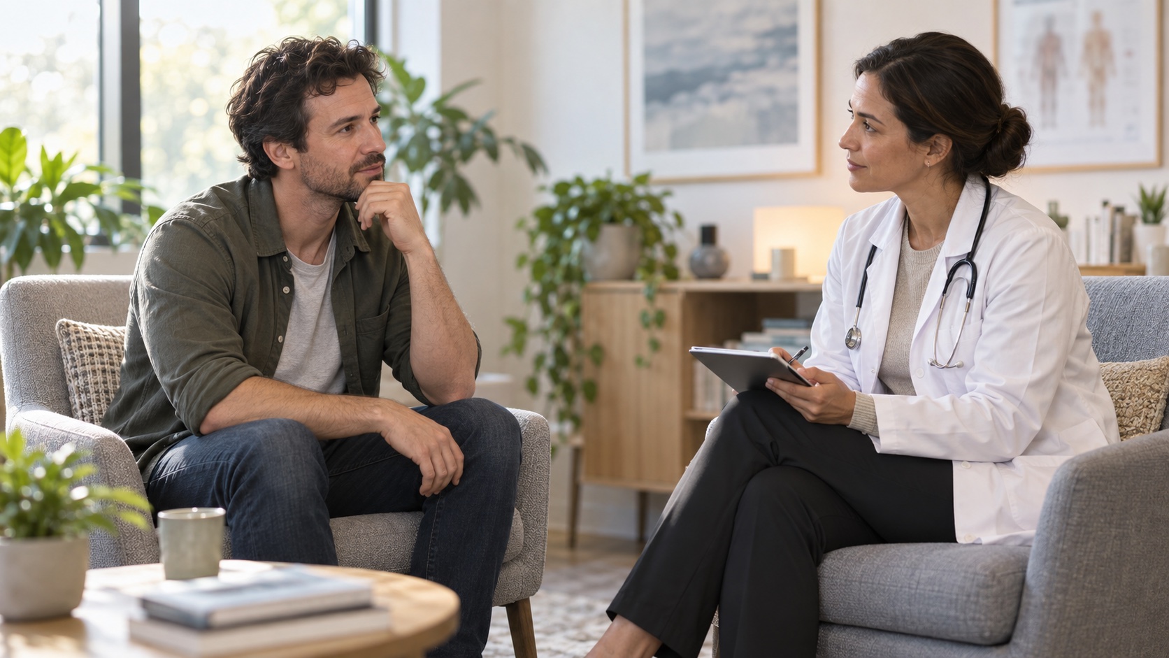 Adult discussing persistent daytime tiredness with a clinician.