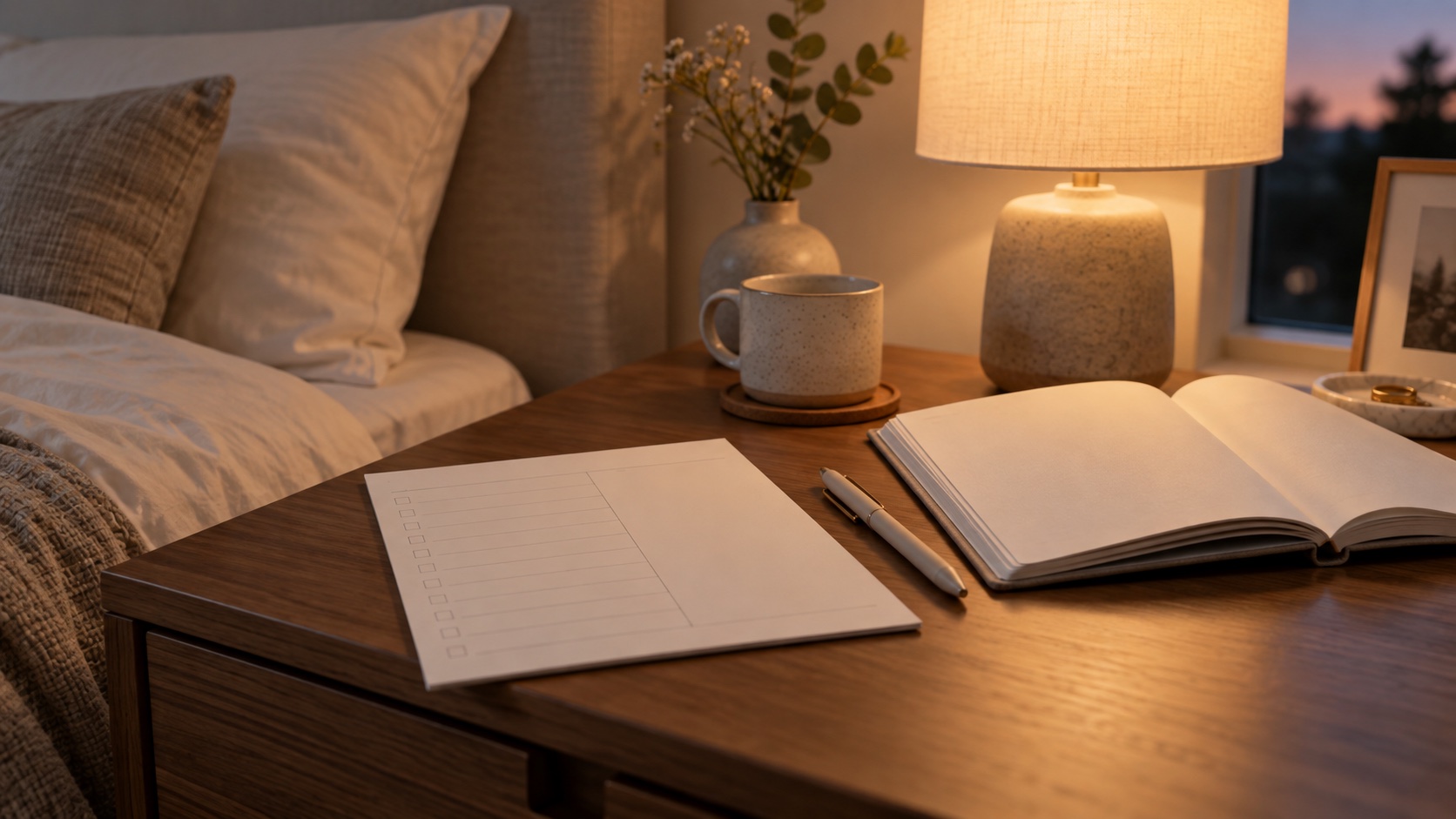 Blank planner page and notebook beside a bedside lamp.