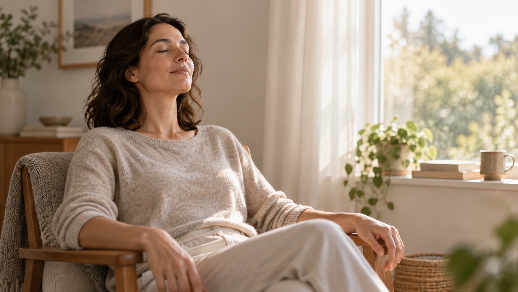 Adult sitting comfortably near a window during a slow exhale.