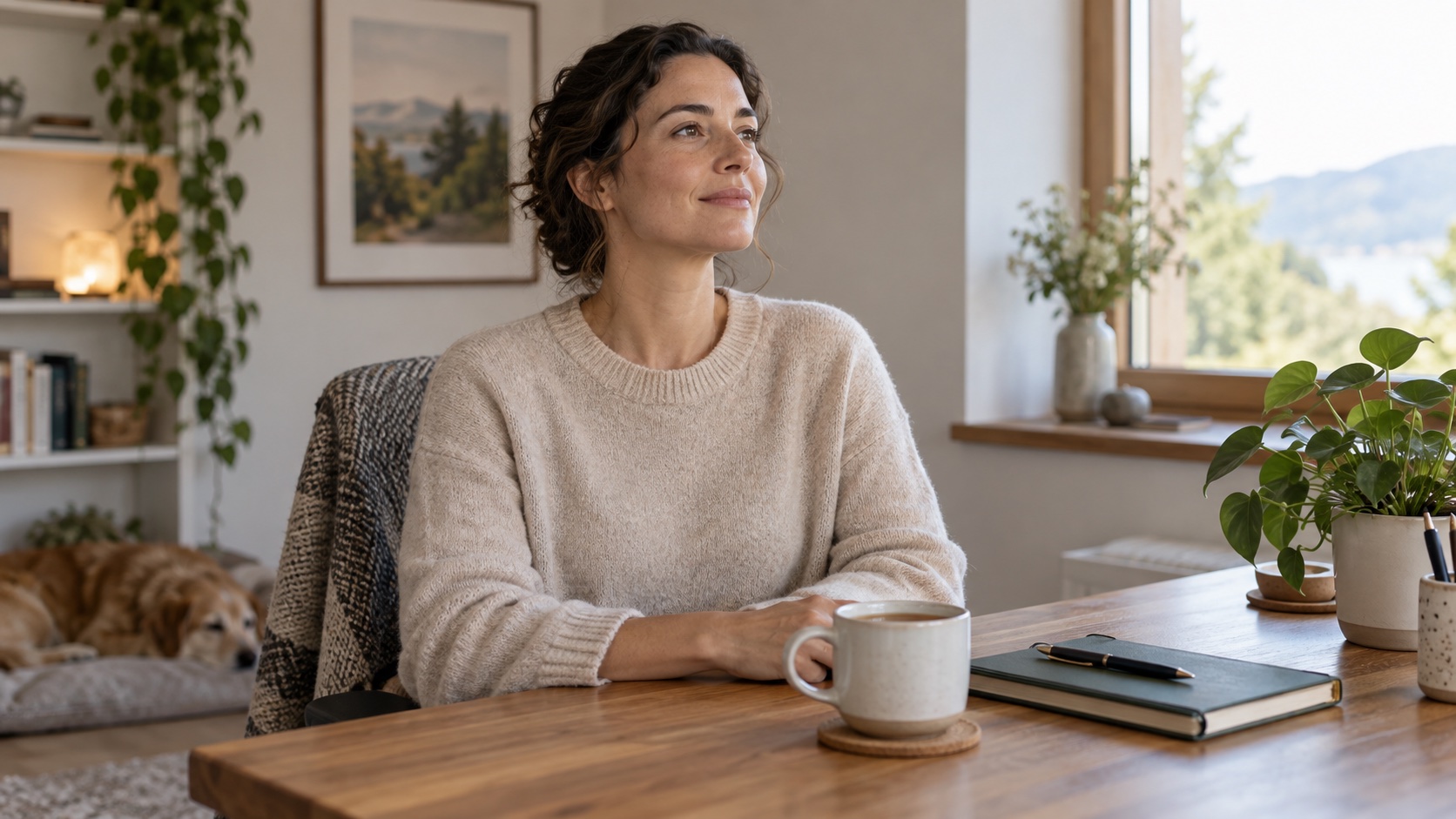 Adult taking a calm pause at a home desk.