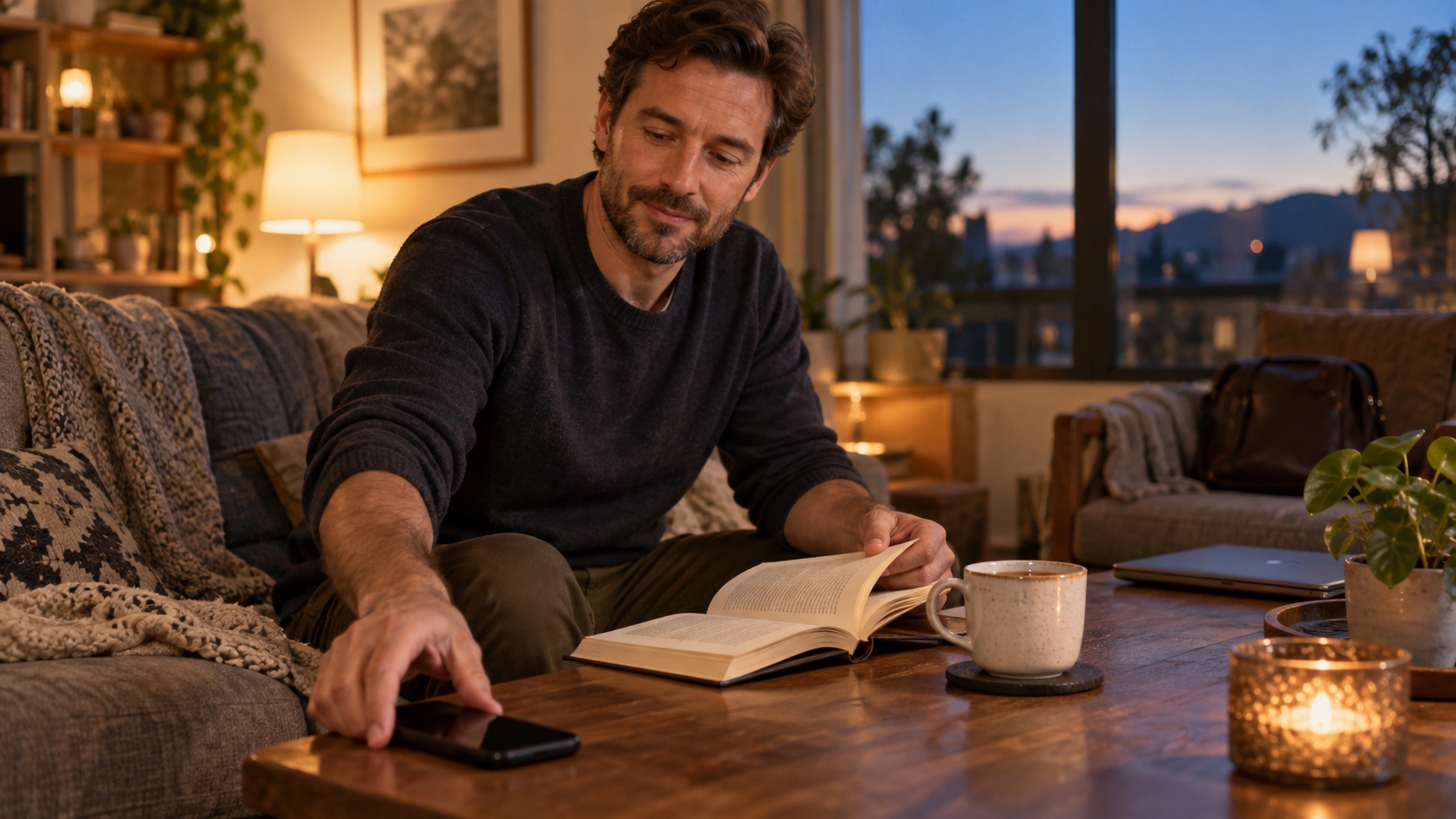Adult placing a phone face down and opening a book at home.