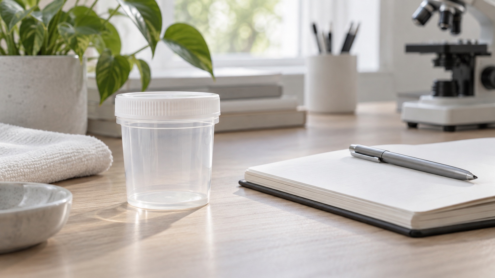 Unmarked sample collection cup and blank notebook on a desk.