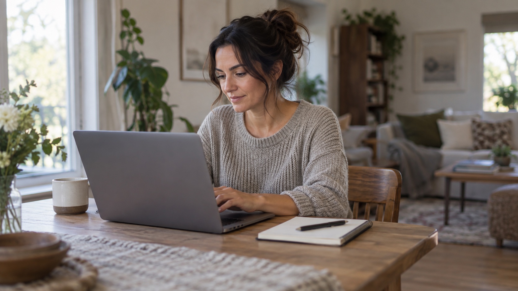 Adult writing beside a laptop with its screen turned away.