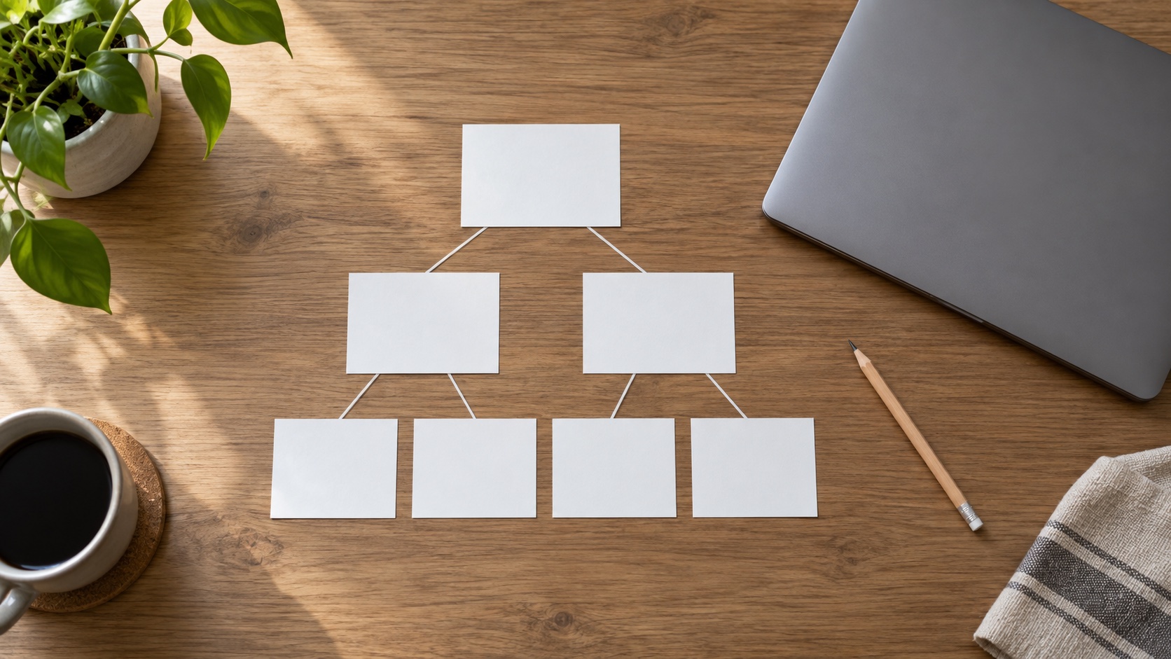 Blank cards form a branching diagram on a wooden table beside a closed laptop.