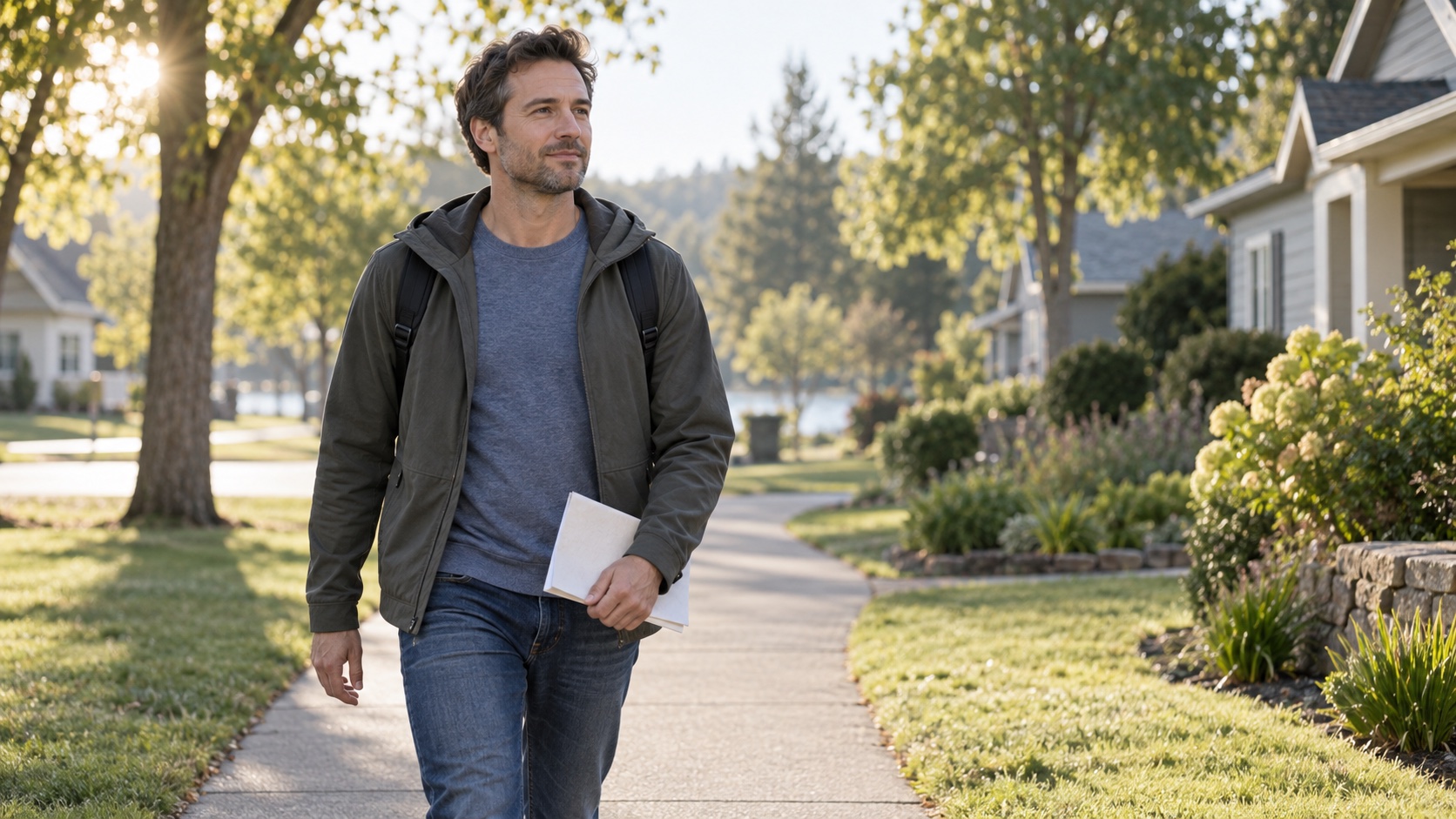 Adult beginning a walk on a neighborhood path with a folded blank map.