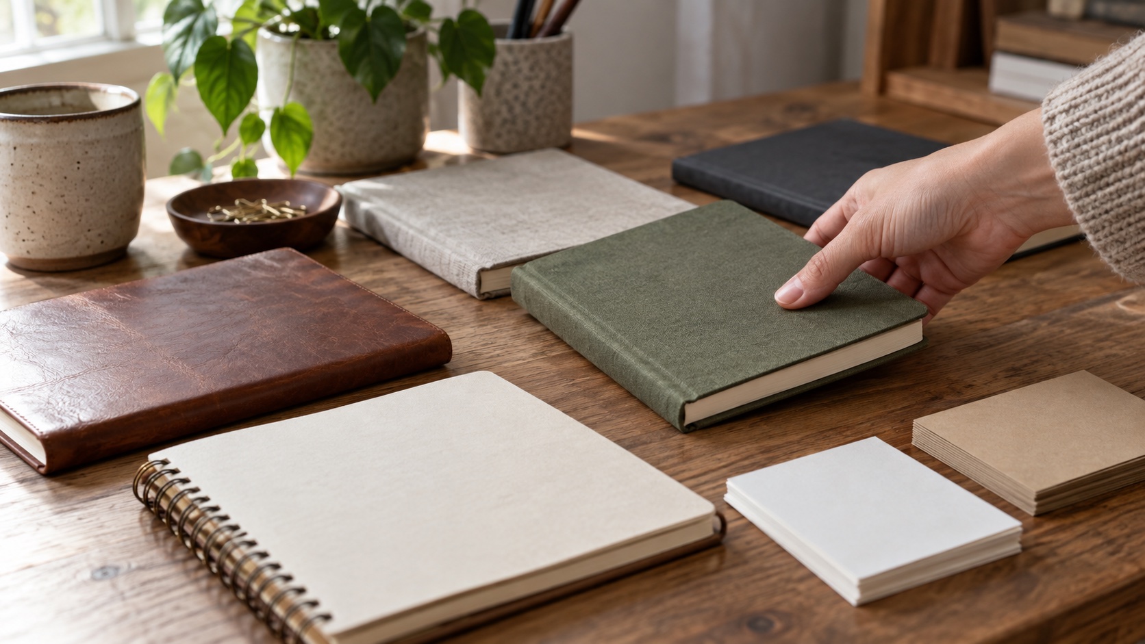 Blank notebooks and index cards on a shared desk.