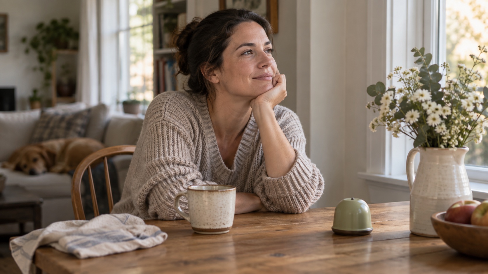 Adult seated in a brief quiet pause beside a face-down timer.
