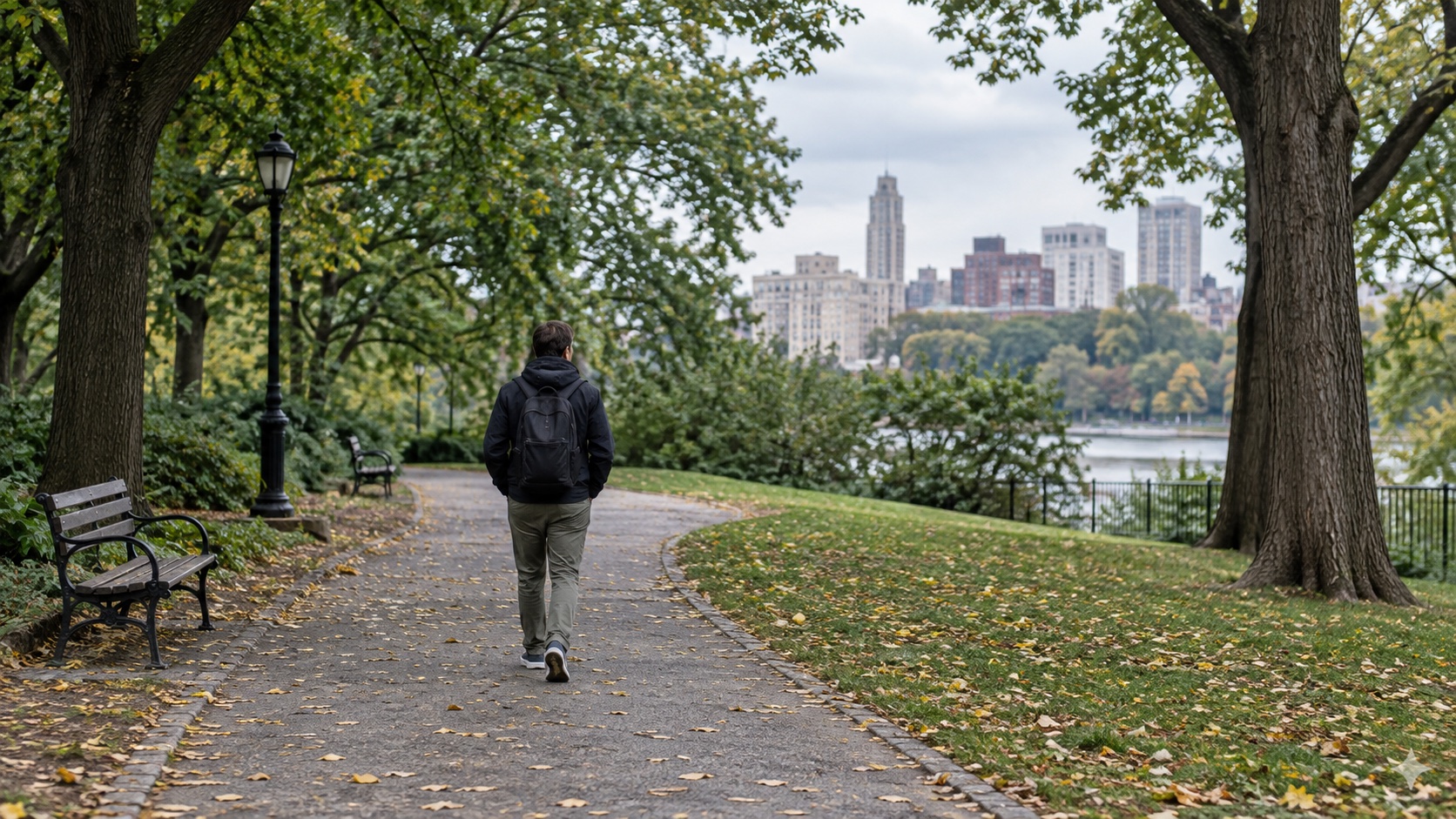 Adult walking along a green urban park path.