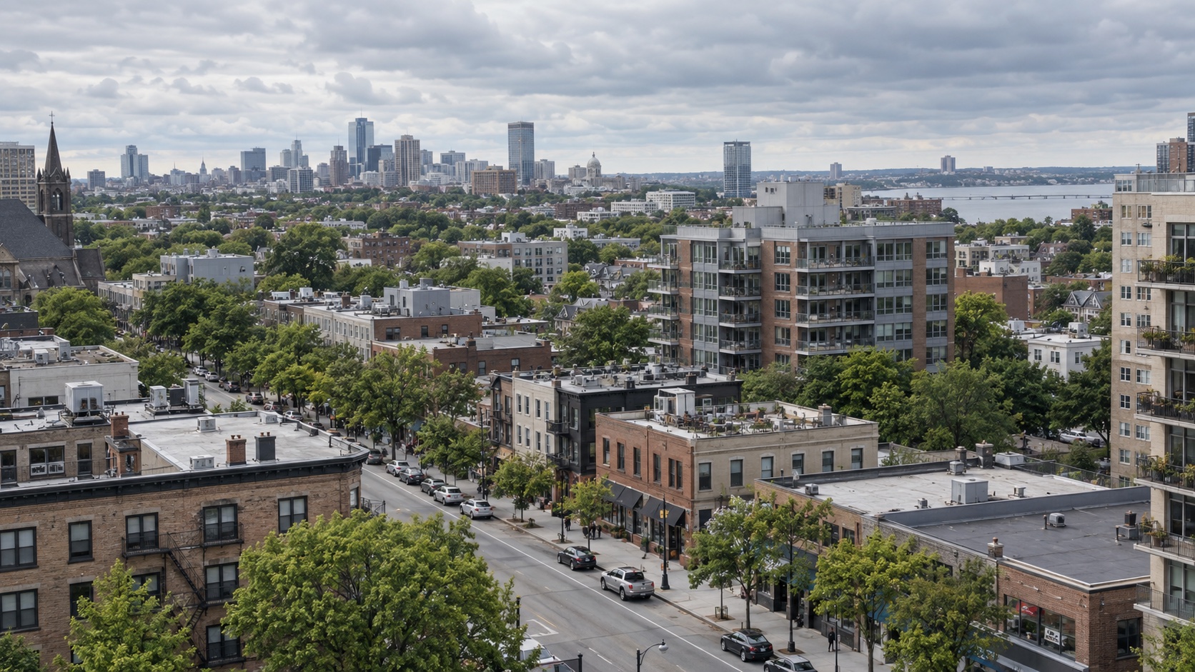 Tree-lined city blocks among ordinary neighborhood buildings.