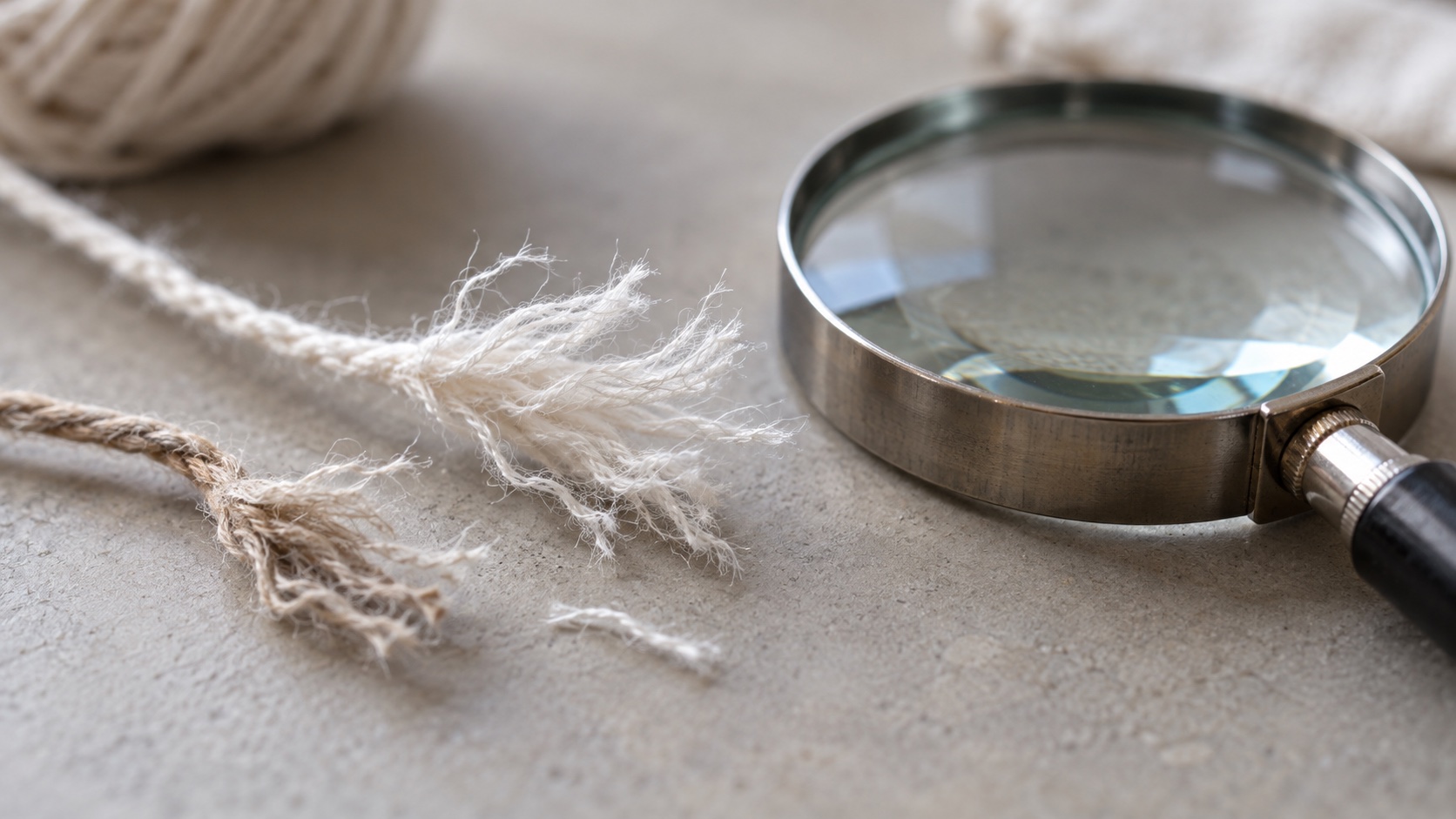 Frayed cotton thread beside a magnifying glass and plain notebook.