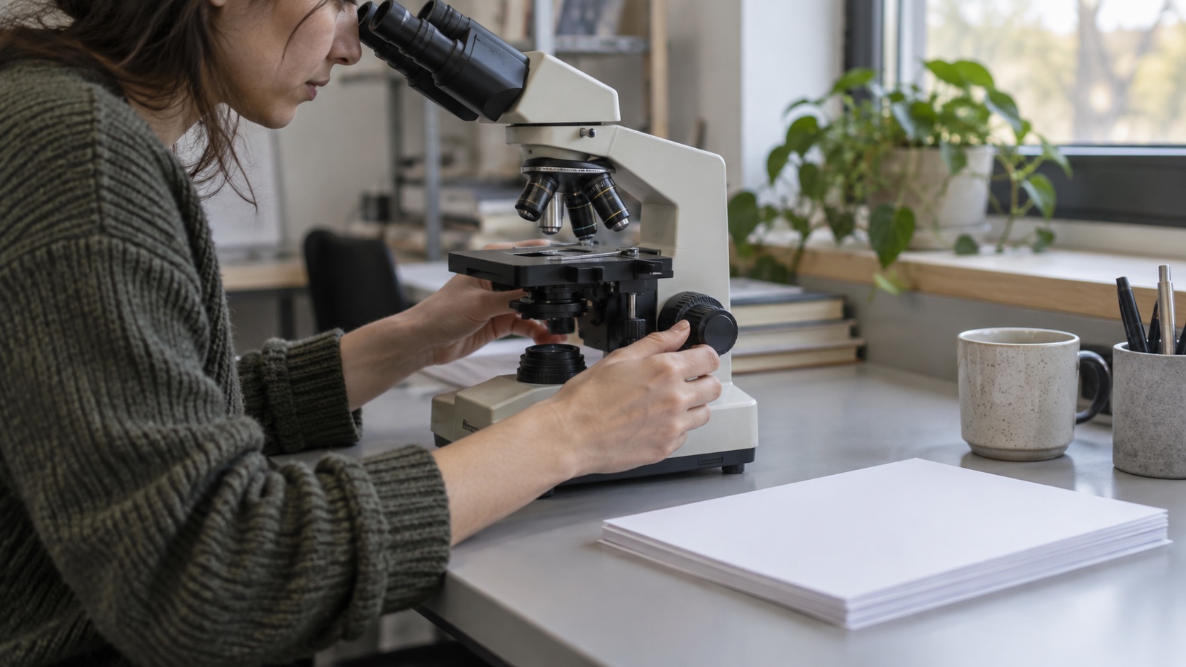 Researcher reading papers beside a microscope in a university workspace.