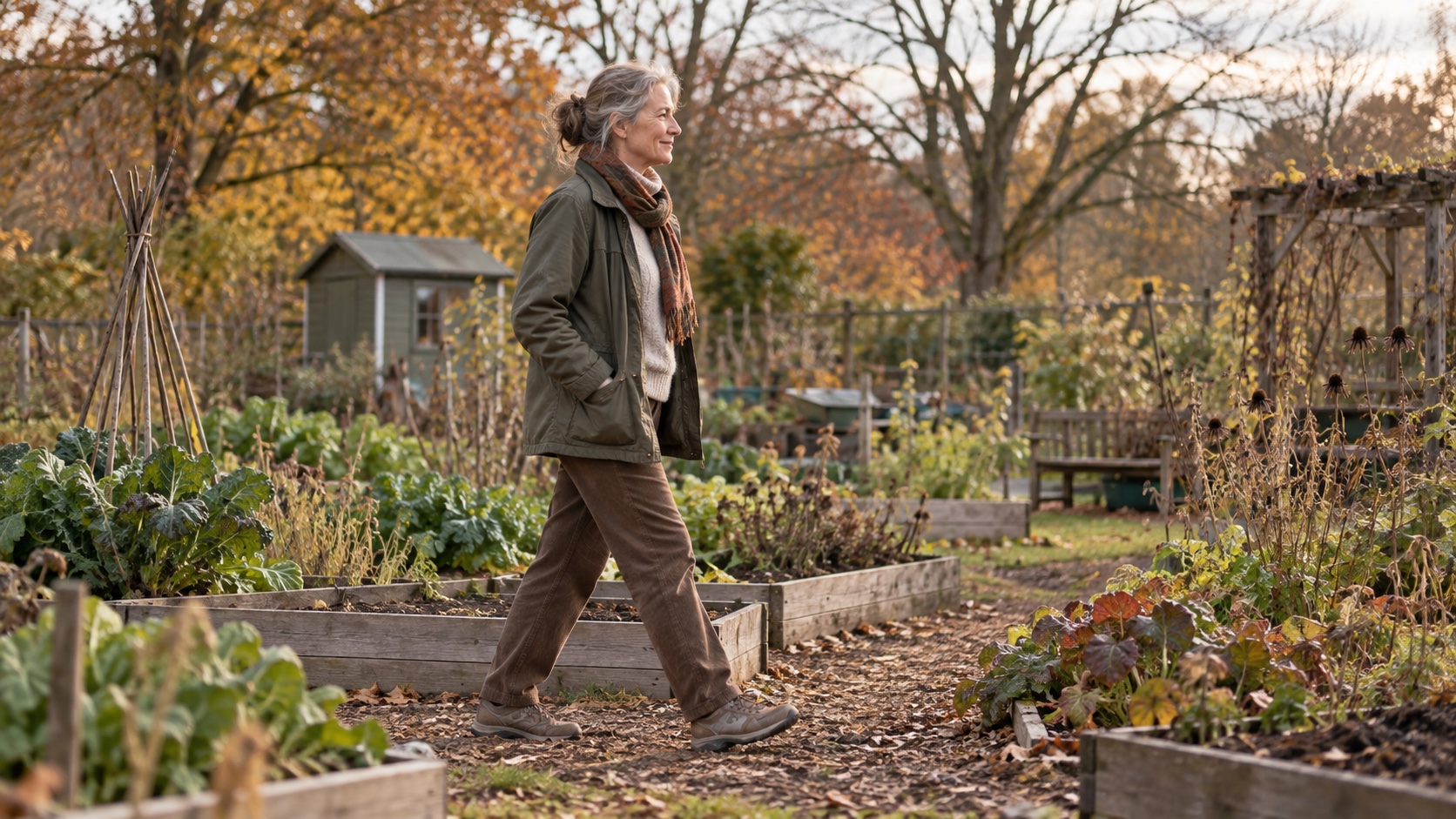 Mature woman walking through a neighborhood in morning light.