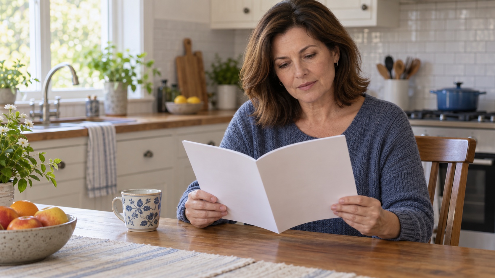 Woman reading an unmarked health information booklet at home.