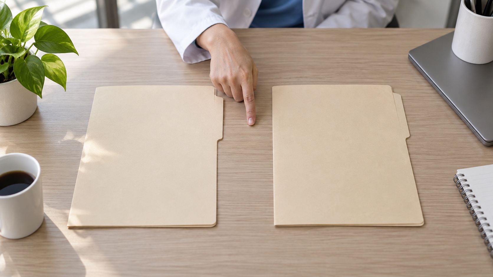 Woman and clinician comparing two blank folders.