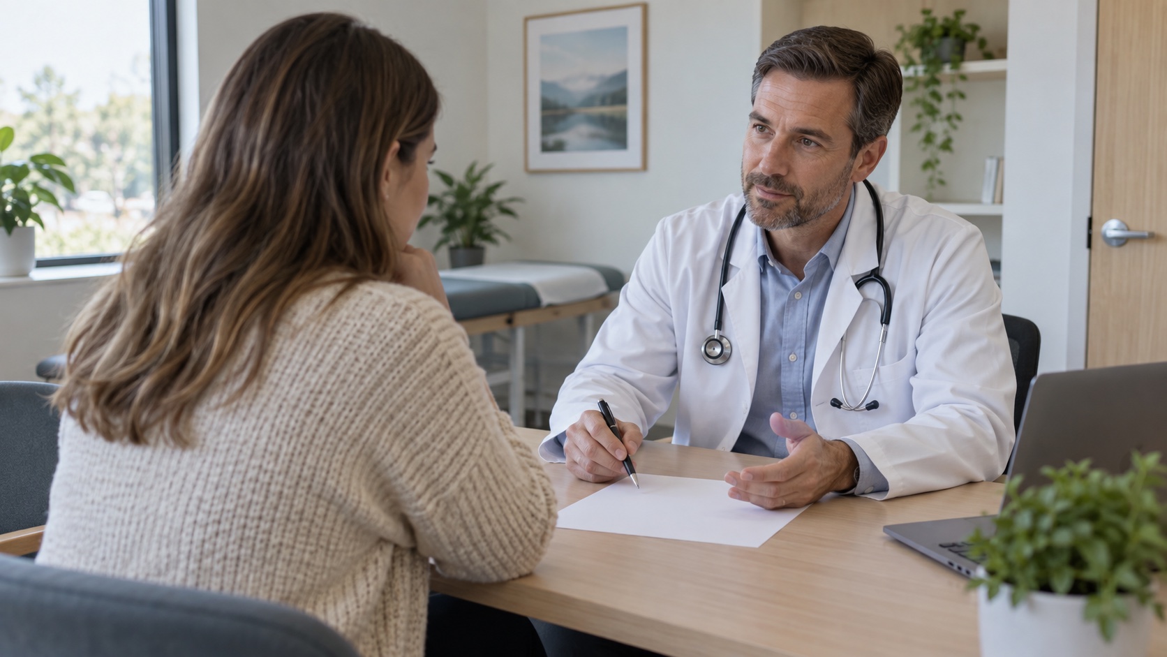 Clinician and patient discussing options over a blank sheet.