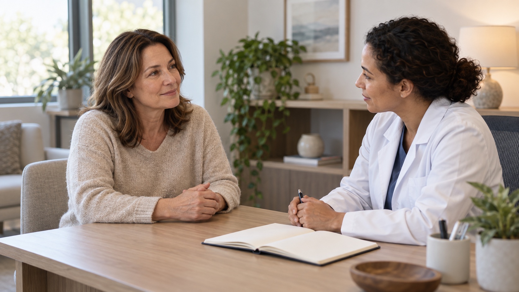 Woman discussing questions with a clinician, notebook open.