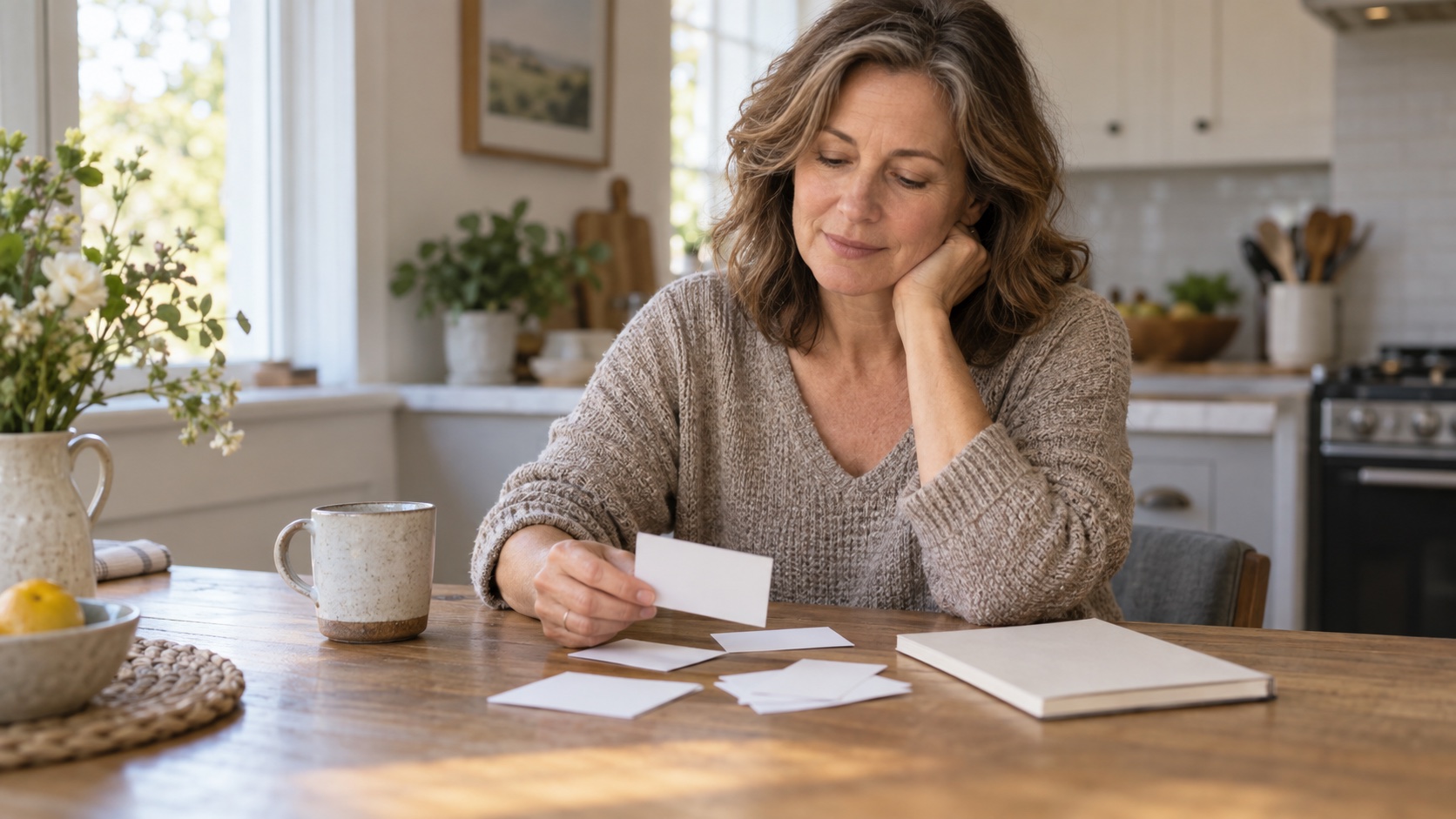 Woman and clinician reviewing an unreadable symptom list.