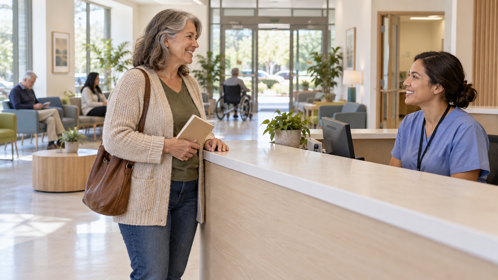 Woman bringing a notebook to a routine appointment.