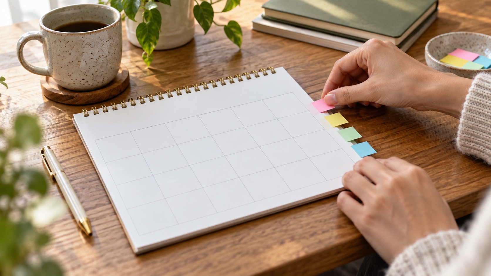 Hands placing colored tabs on a blank calendar.