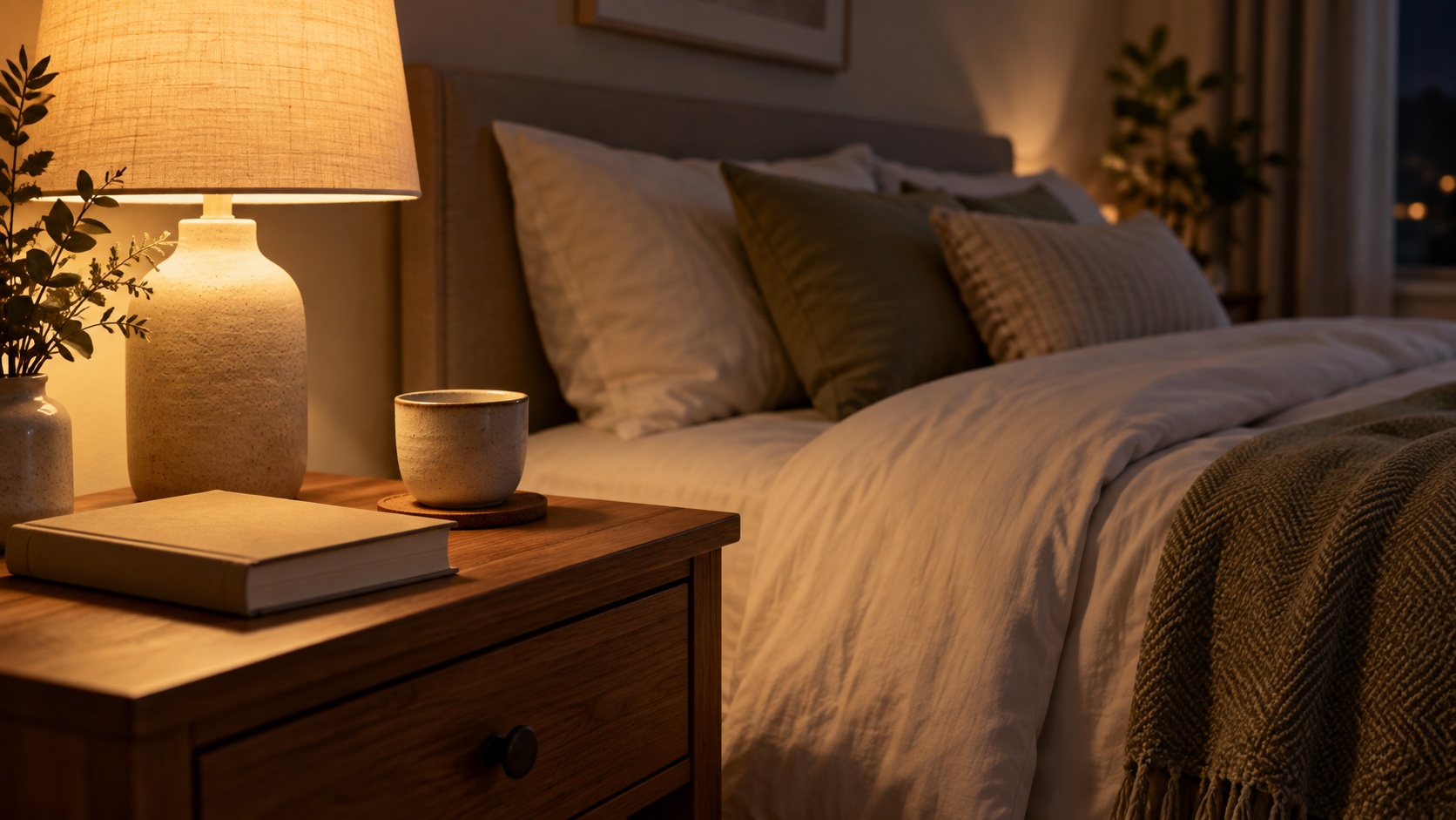 Quiet bedside table with a closed book and cup beside an empty bed.