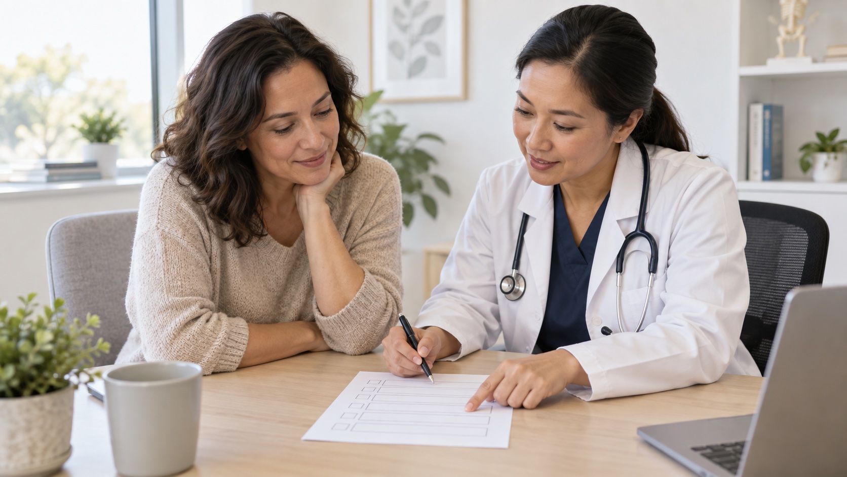 Woman and clinician reviewing a blank planning sheet.