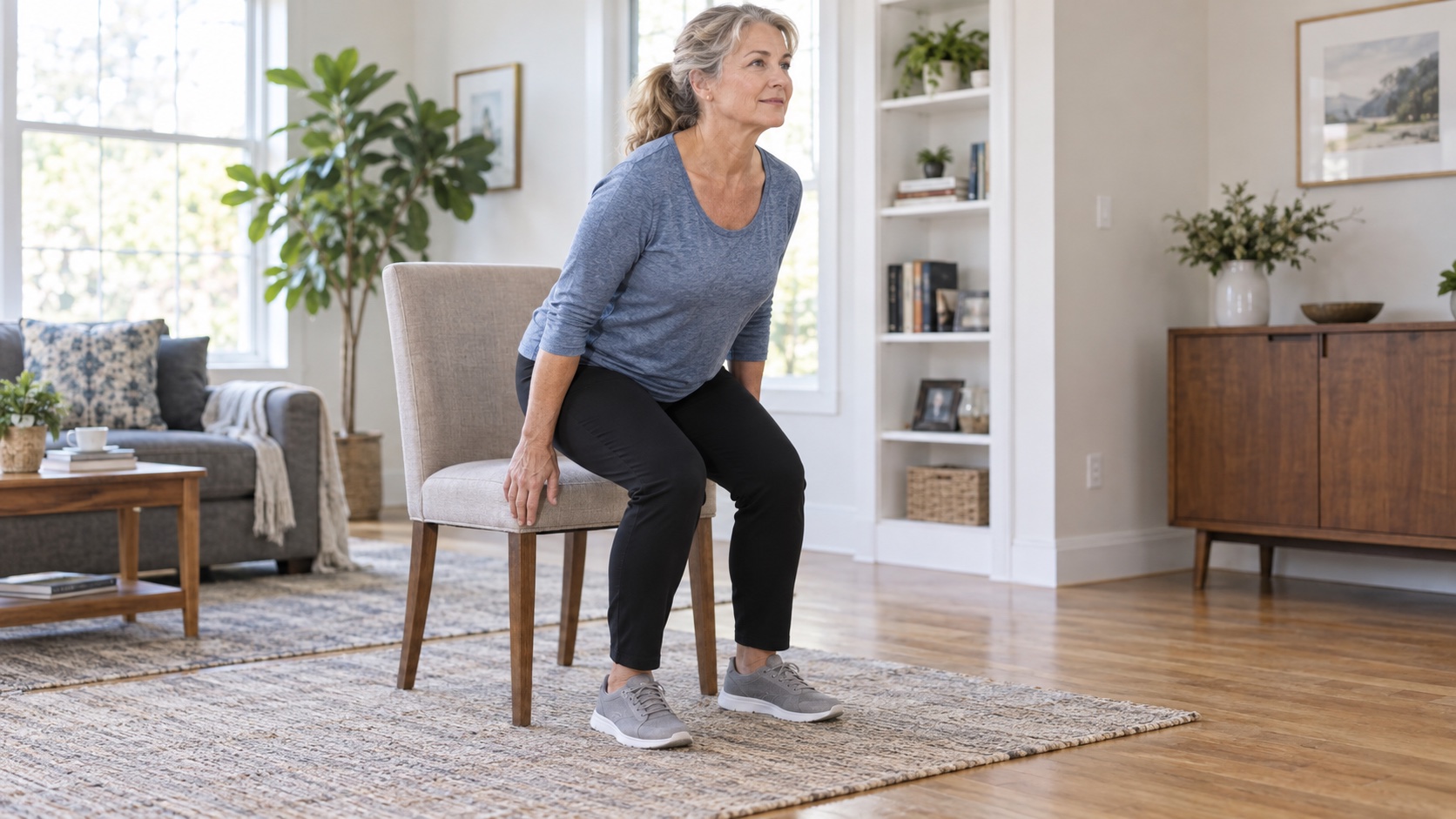 Woman practicing a controlled sit-to-stand beside a sturdy chair.