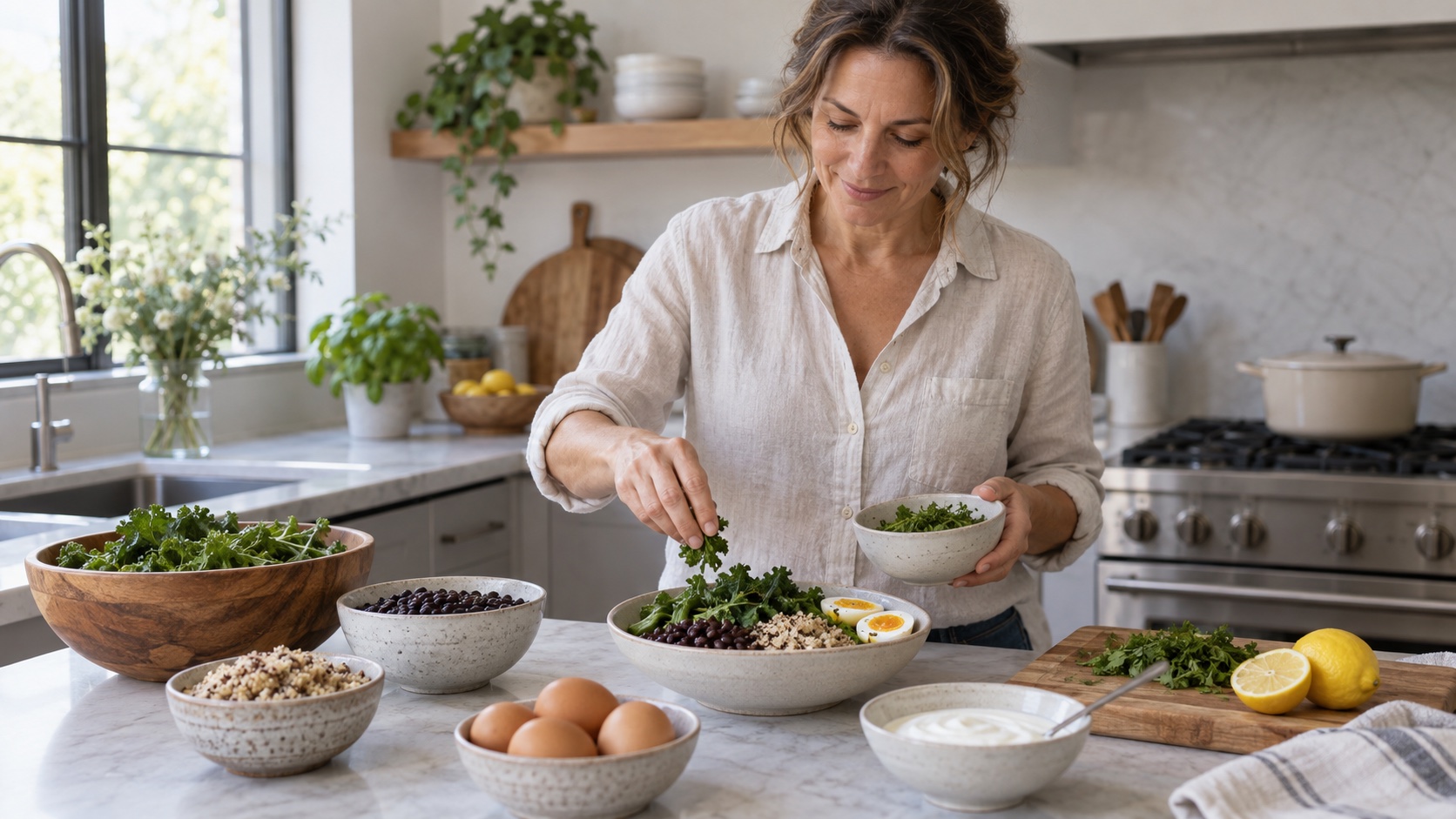 Woman preparing a varied meal with beans, greens, grains, eggs, and yogurt.