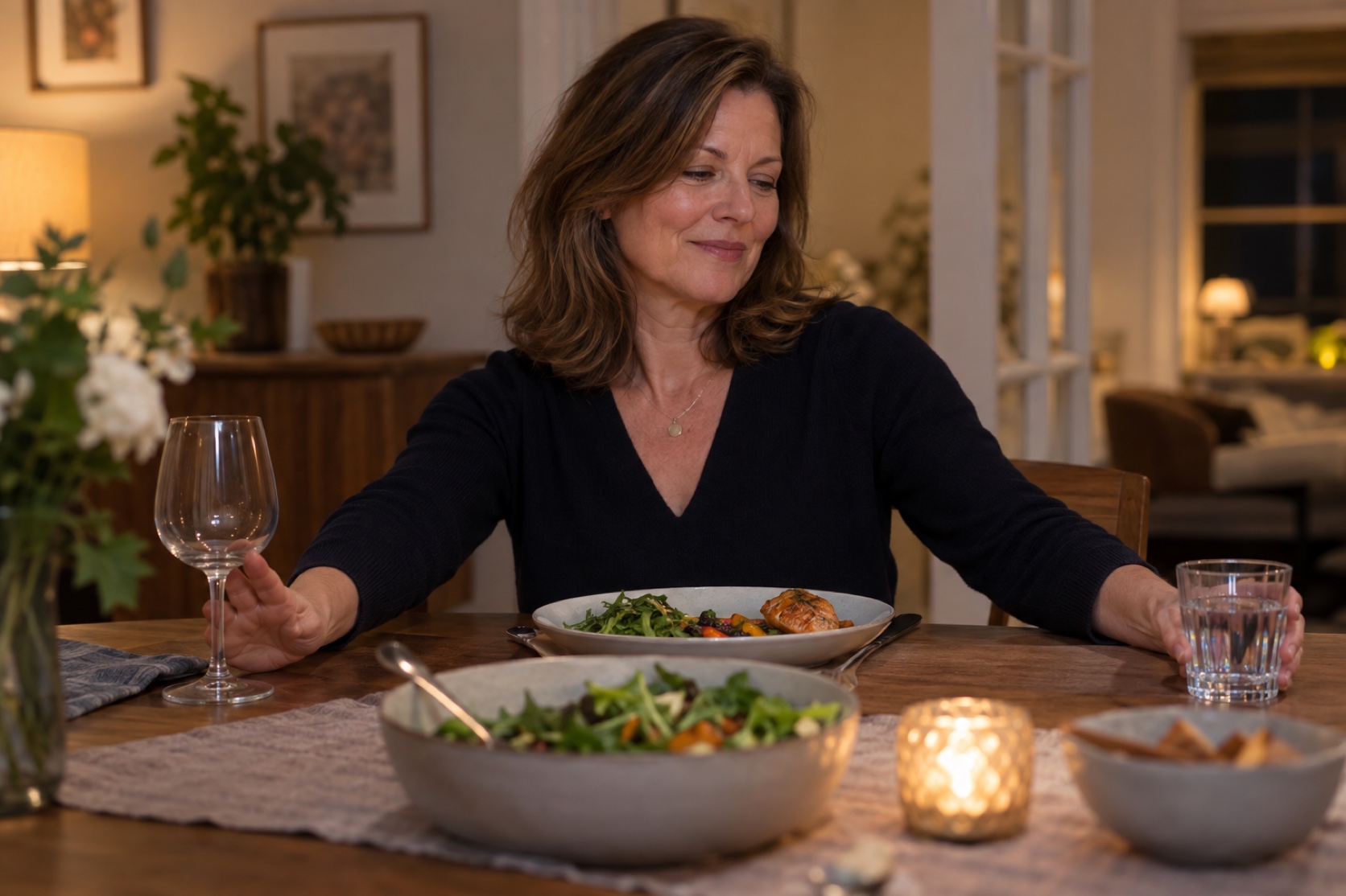 A woman moves an empty wine glass aside while reaching for a separate glass of water at dinner.