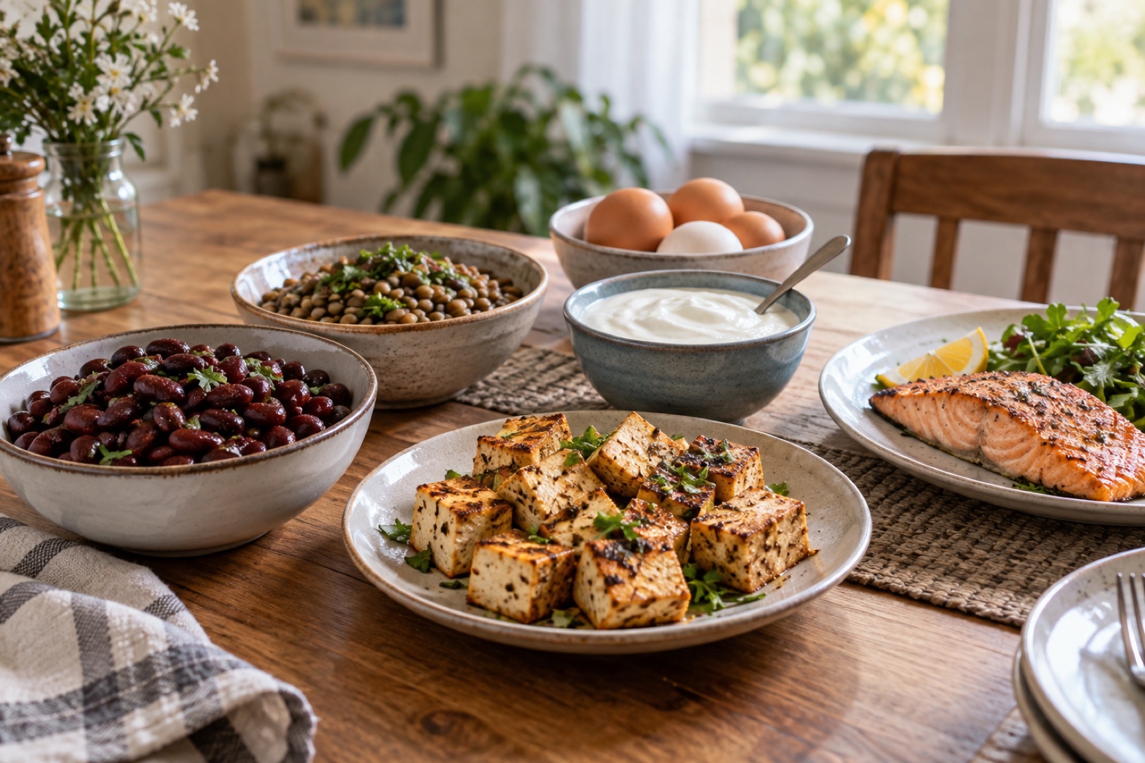 Beans, lentils, tofu, eggs, yogurt, and fish are arranged on a home dining table.