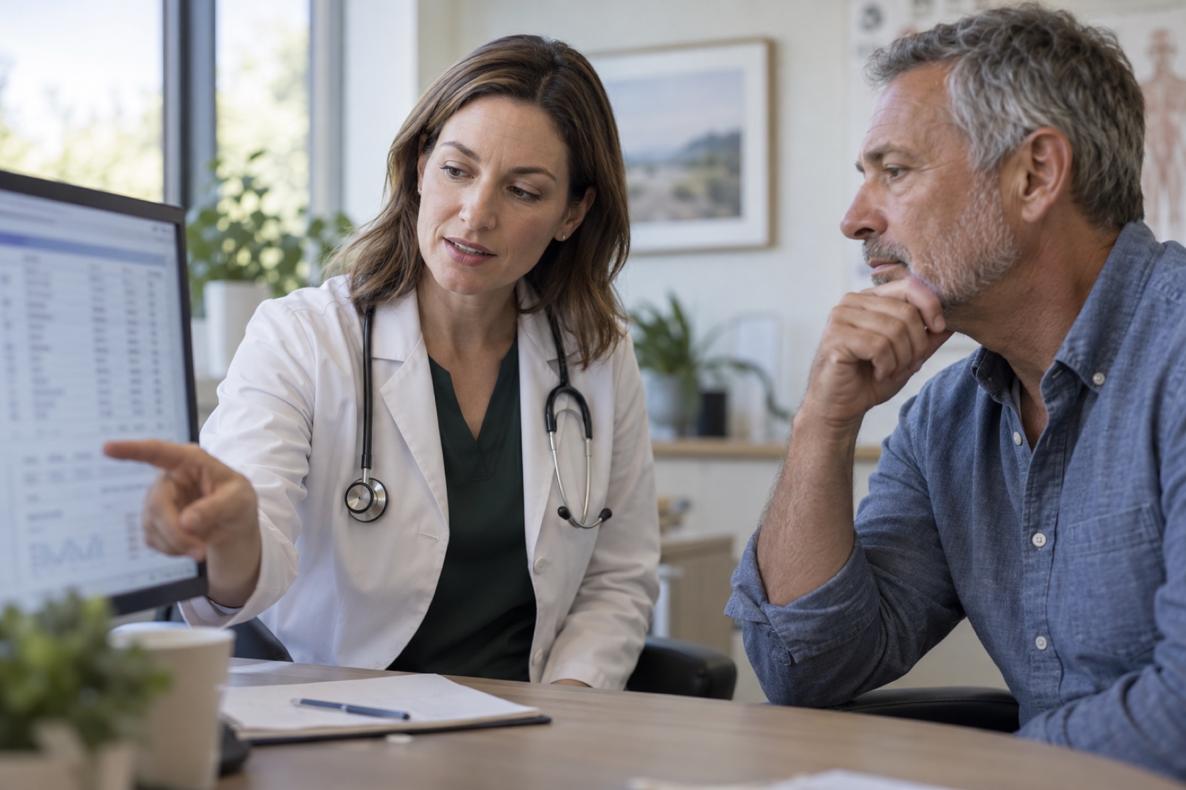A clinician and patient review a blurred lab panel together.
