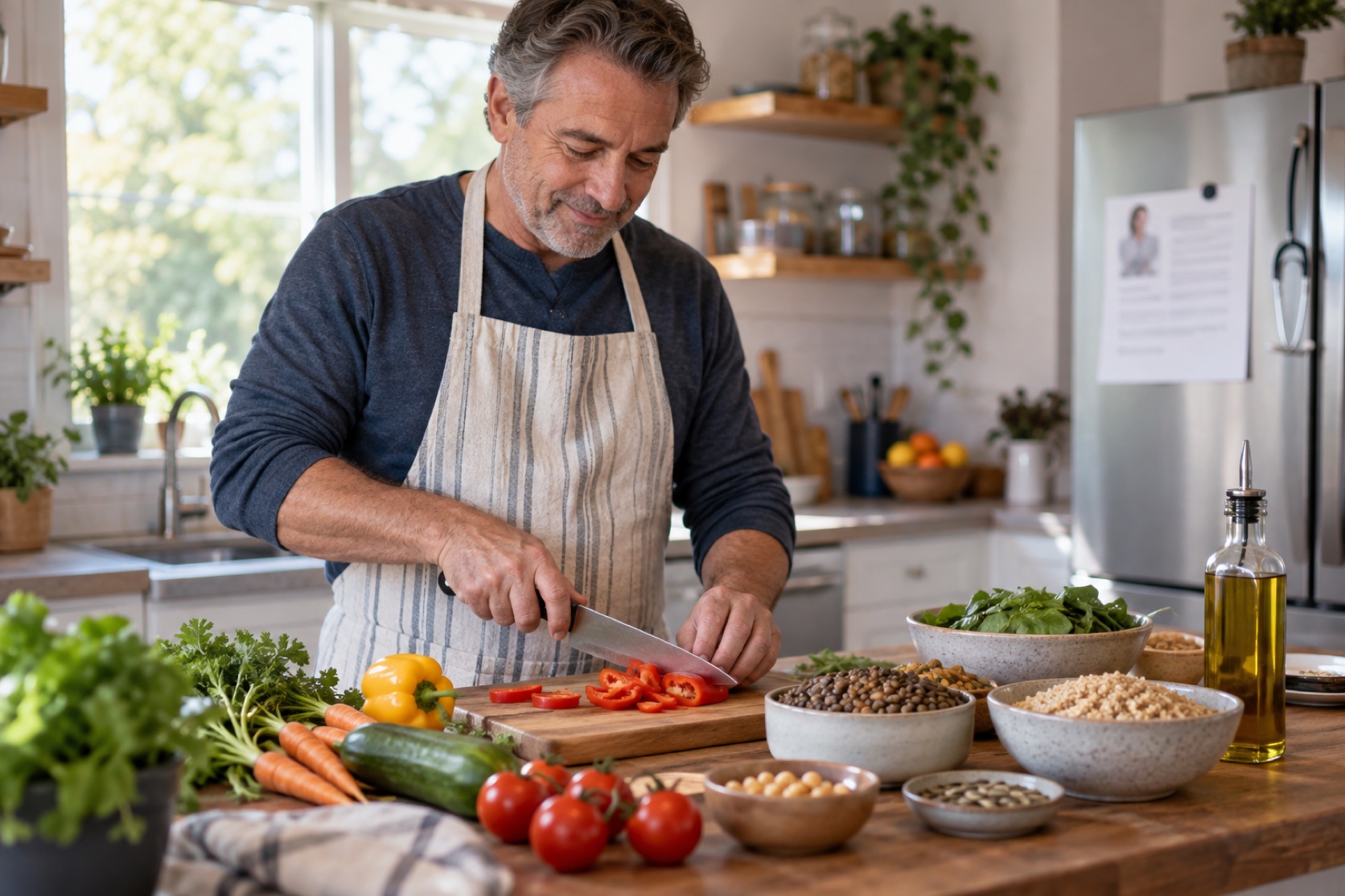 A man prepares a meal with vegetables and legumes in his kitchen.