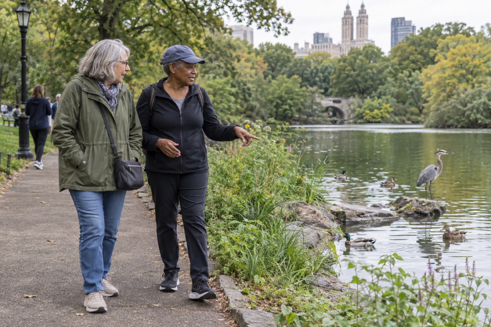 An older woman and friend walk beside a green urban pond.