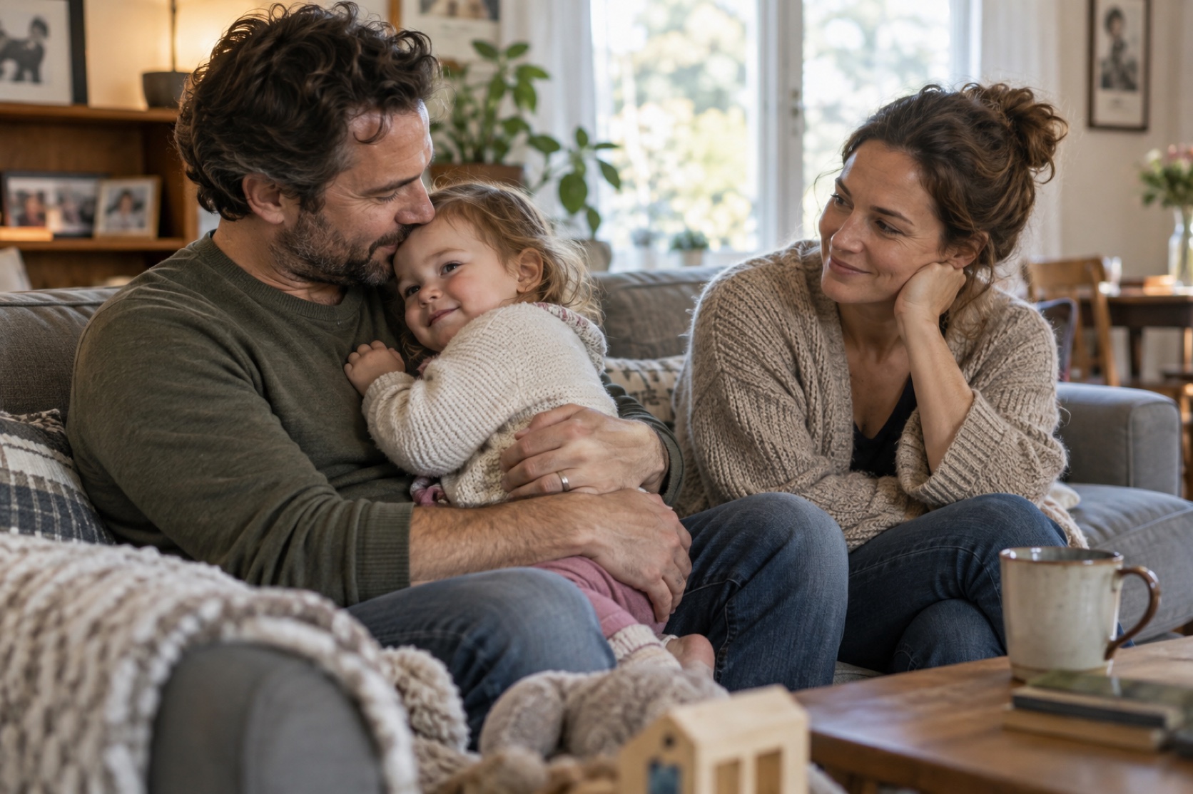 A parent gently holds a toddler while another adult sits nearby at home.