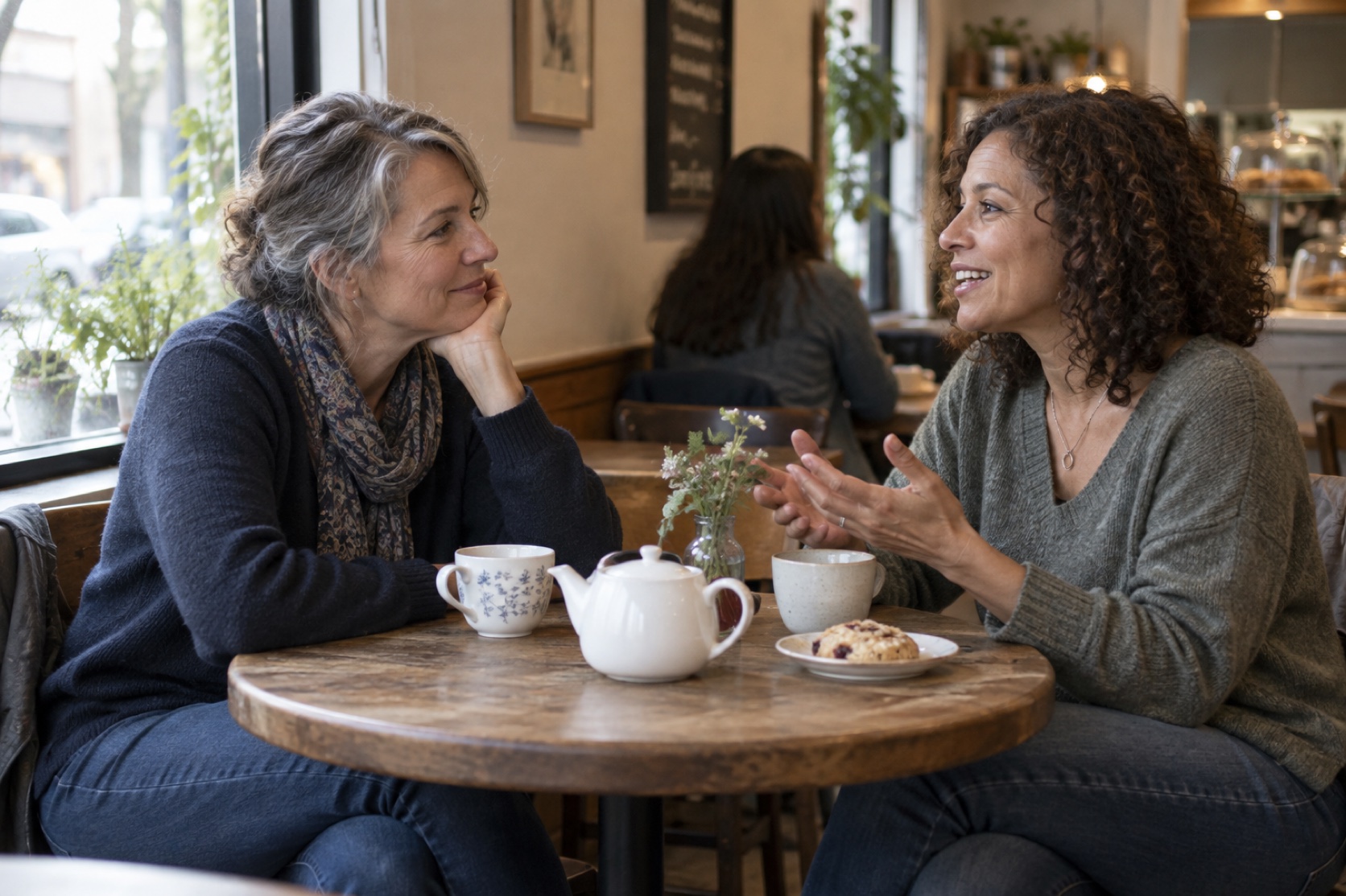 Two women talk over tea at a neighborhood café.