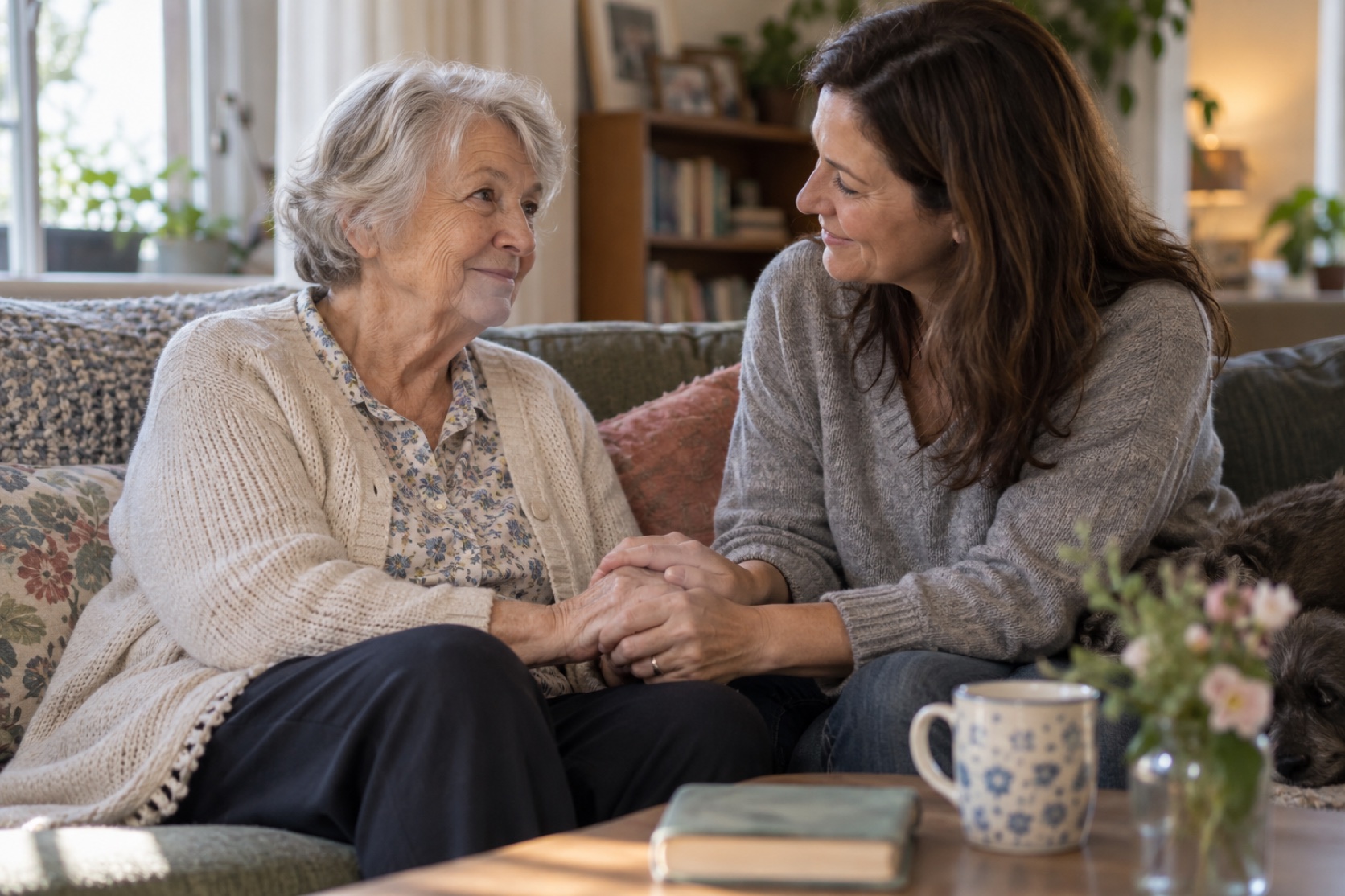 An older woman and her adult daughter share a brief hand squeeze while seated at home.