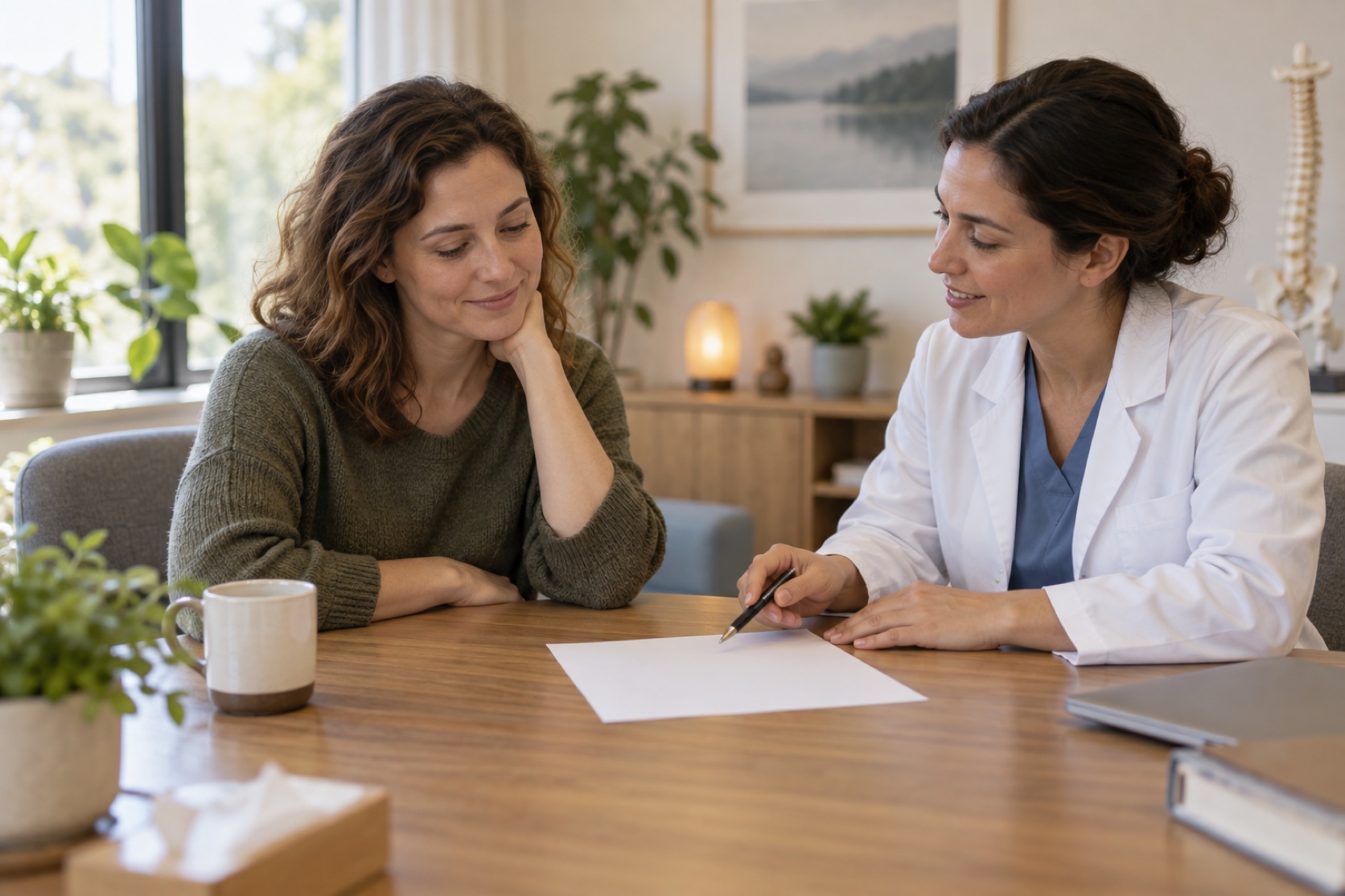 A person discusses a breathing session with a clinician in a calm office.