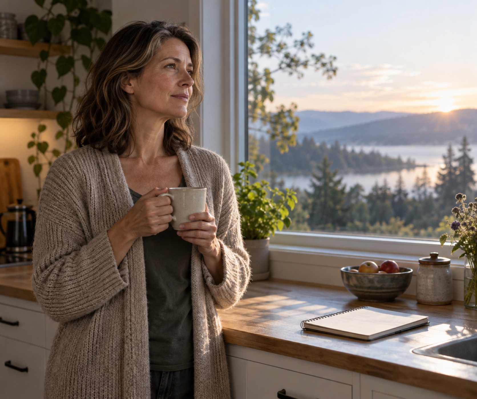 A woman stands by a kitchen window with a mug and blank notebook in the morning.