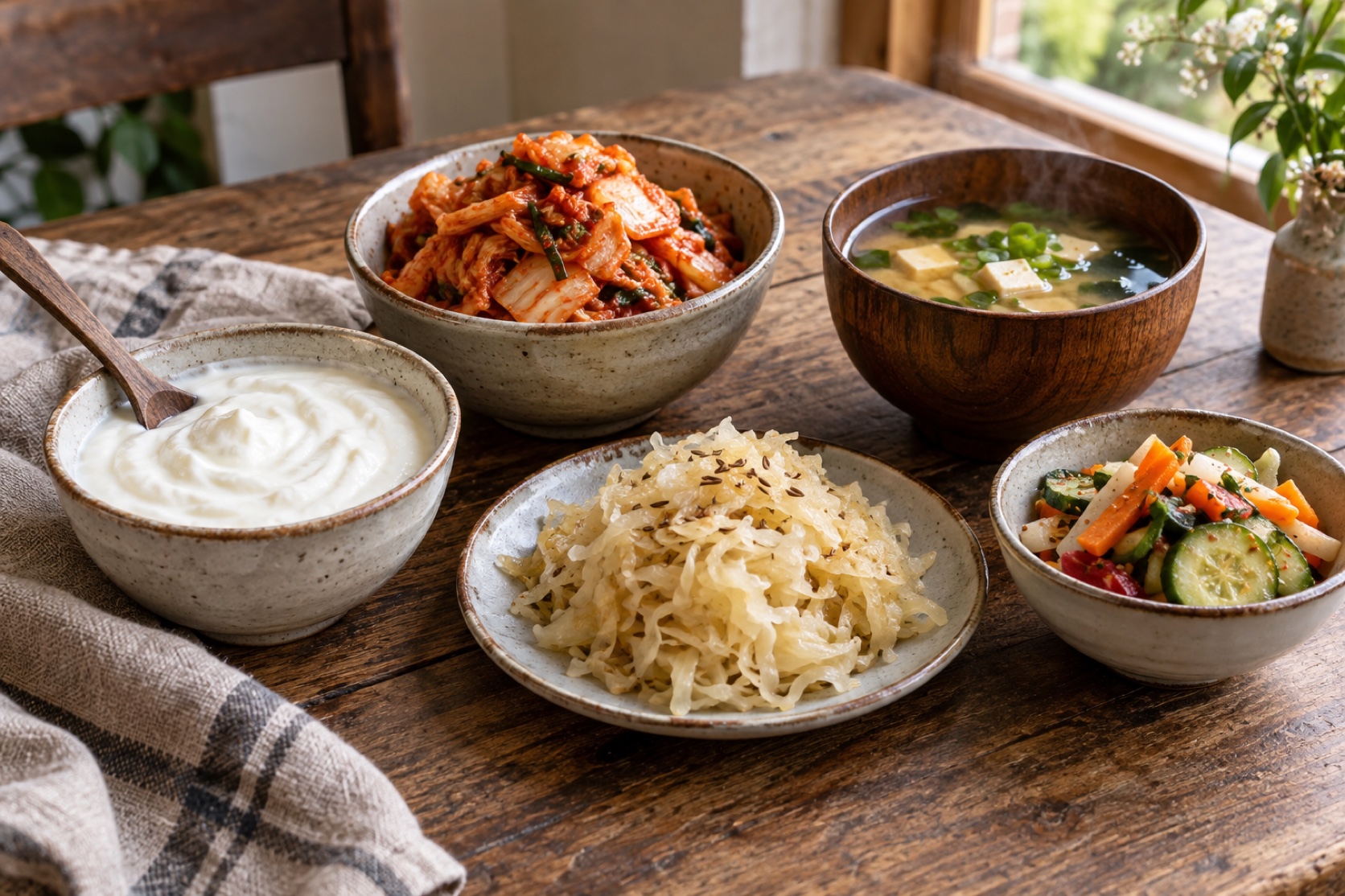 Plain yogurt, kimchi, sauerkraut, miso, and vegetables are served in unmarked dishes.