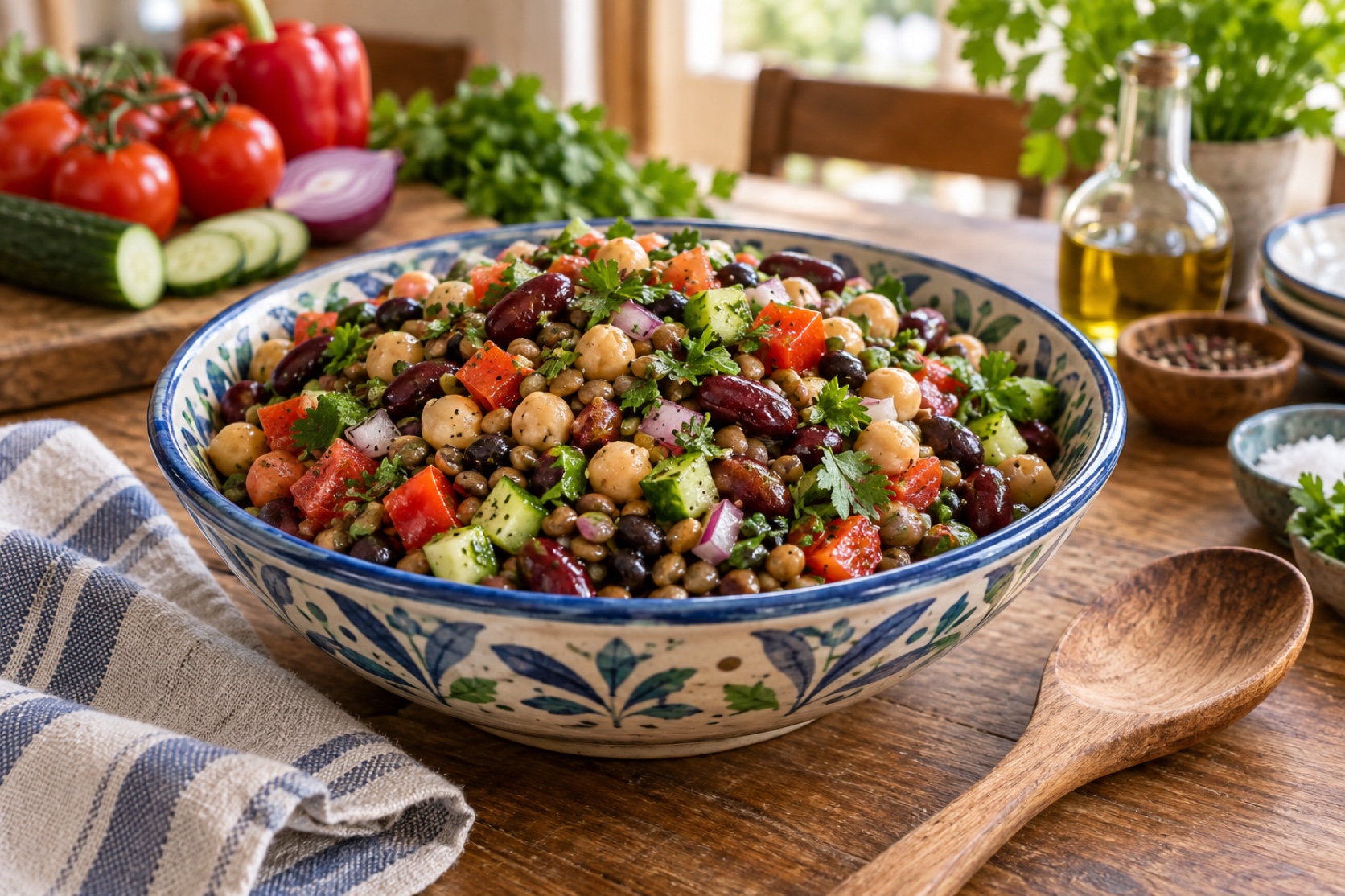 A bowl of beans and lentils with vegetables and herbs sits on a home table.