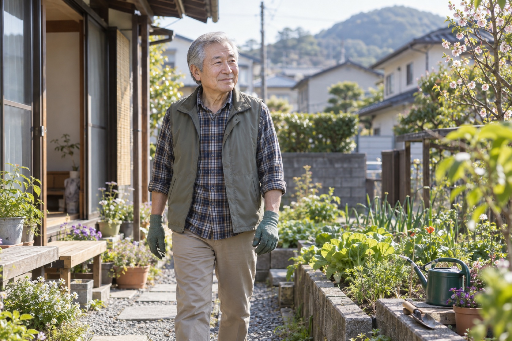 An older Japanese man walks through a neighborhood garden.