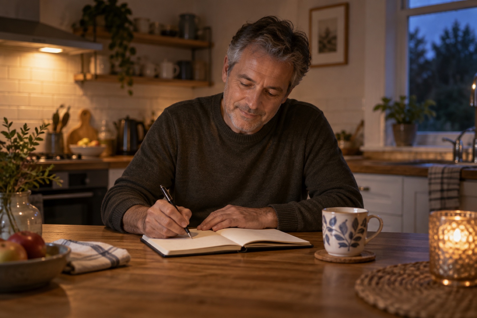 A man writes in a blank evening journal at a kitchen table.