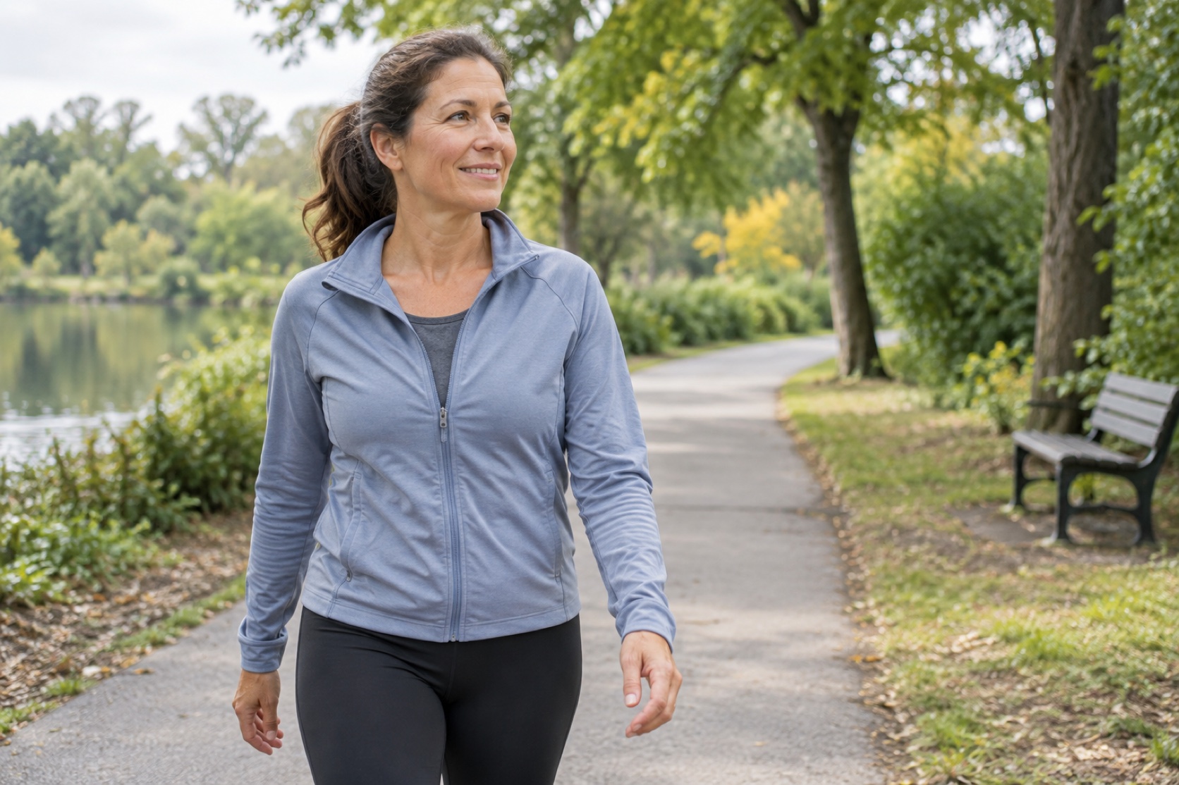 A recreational runner cools down in a light jacket after exercise.