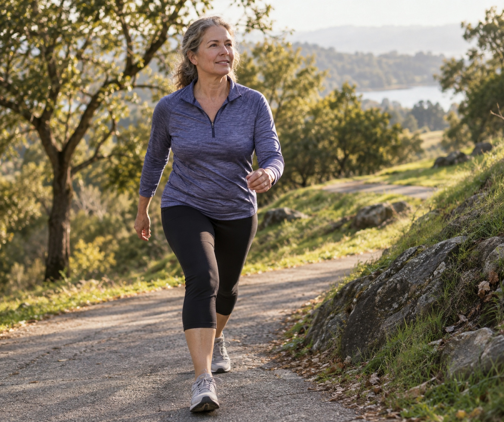 A woman walks briskly uphill on a park path.