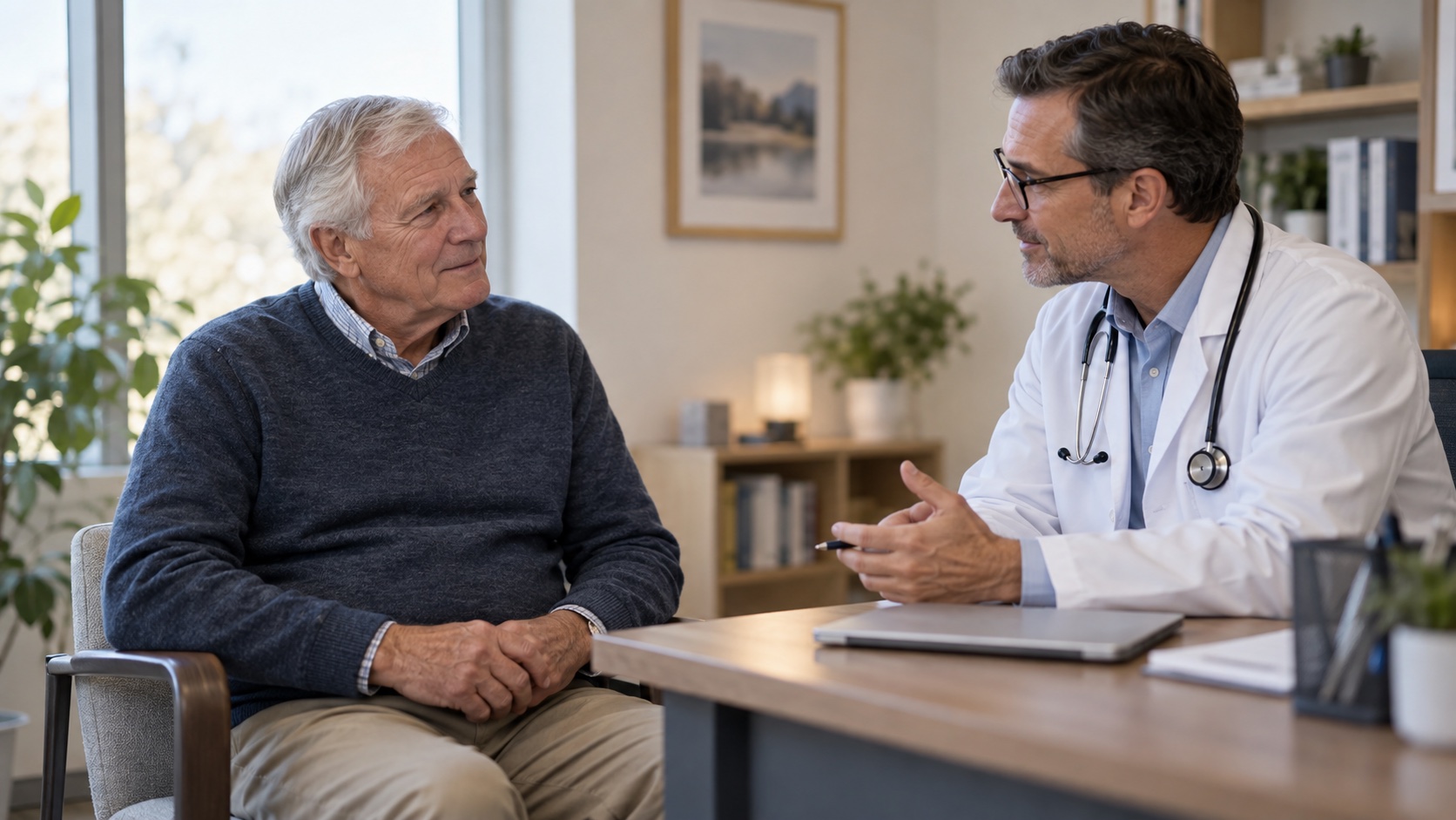 An older man speaks with a clinician in a calm primary-care office.