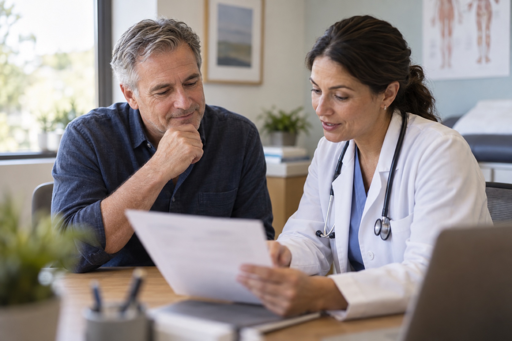 A man reviews a blurred appointment note with a clinician.